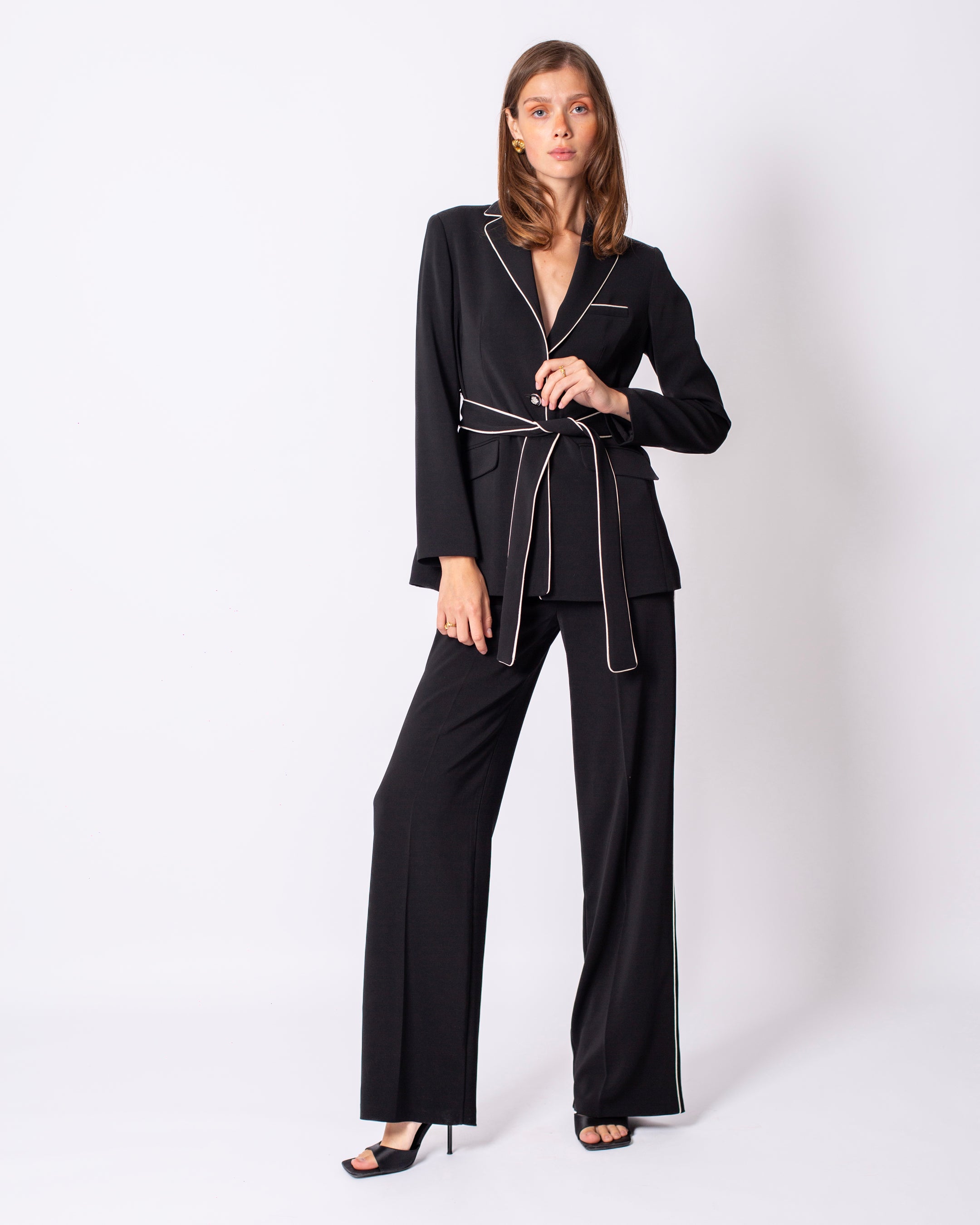 Cool Shine Waist Belted Black Striped Suit