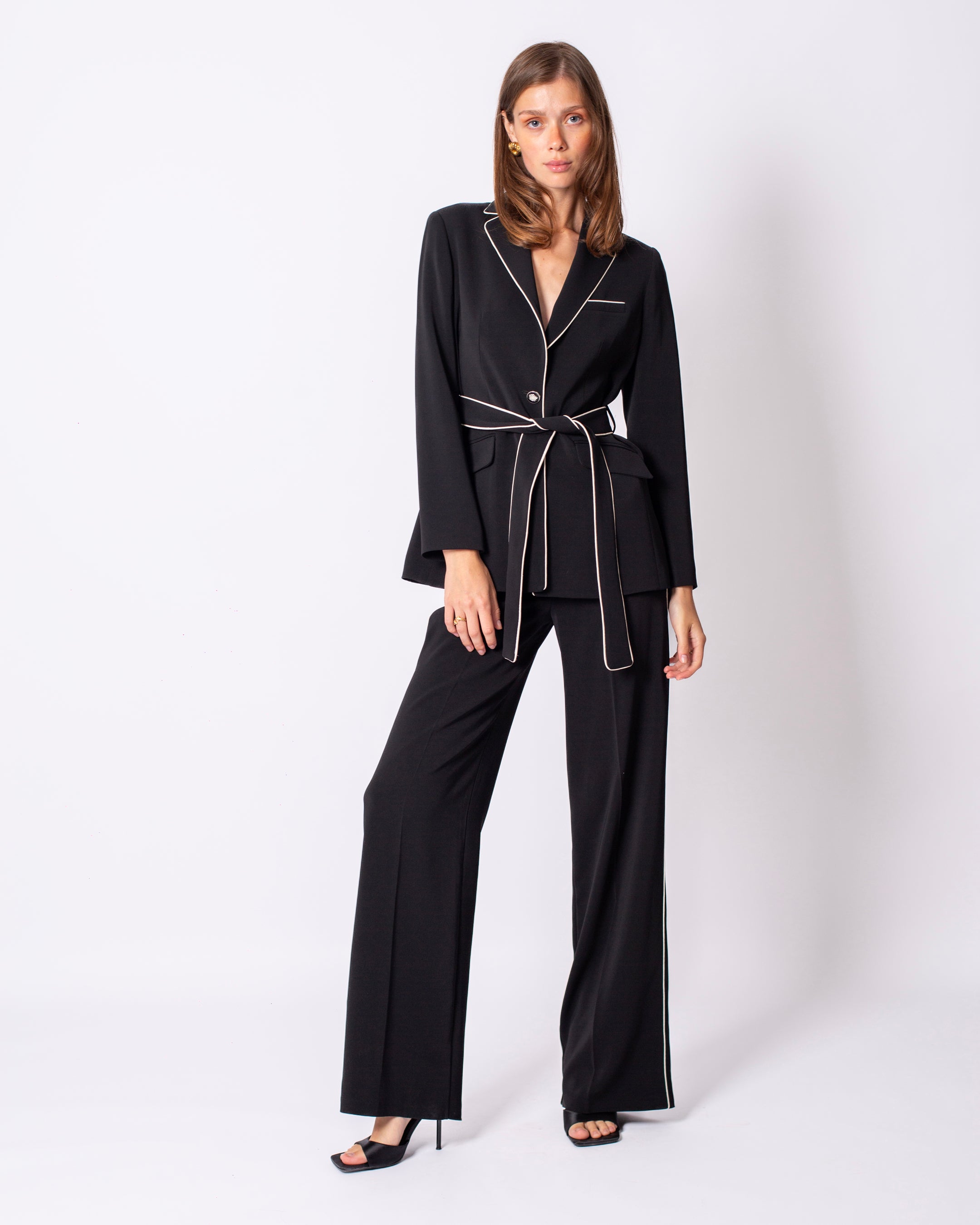 Cool Shine Waist Belted Black Striped Suit