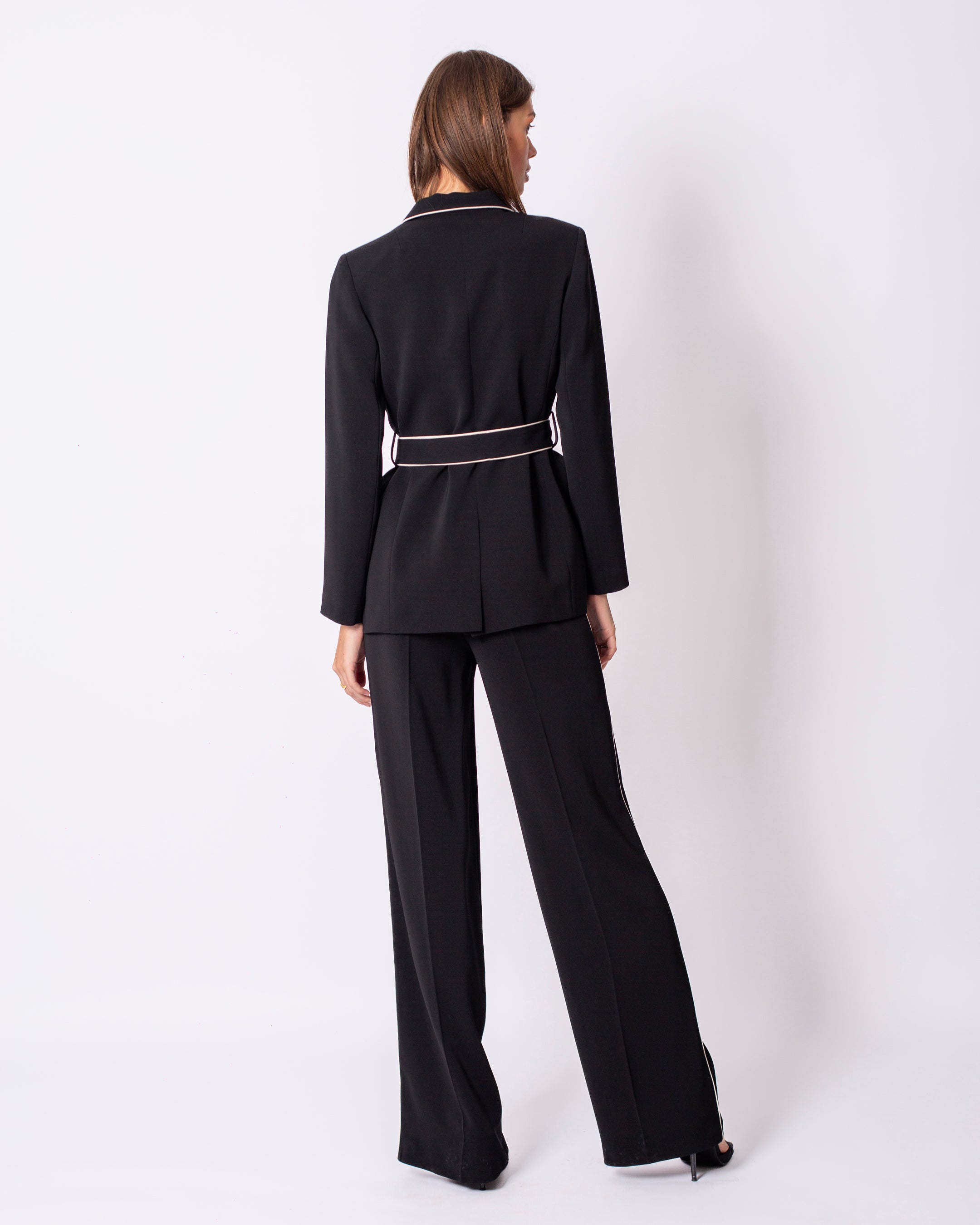 Cool Shine Waist Belted Black Striped Suit