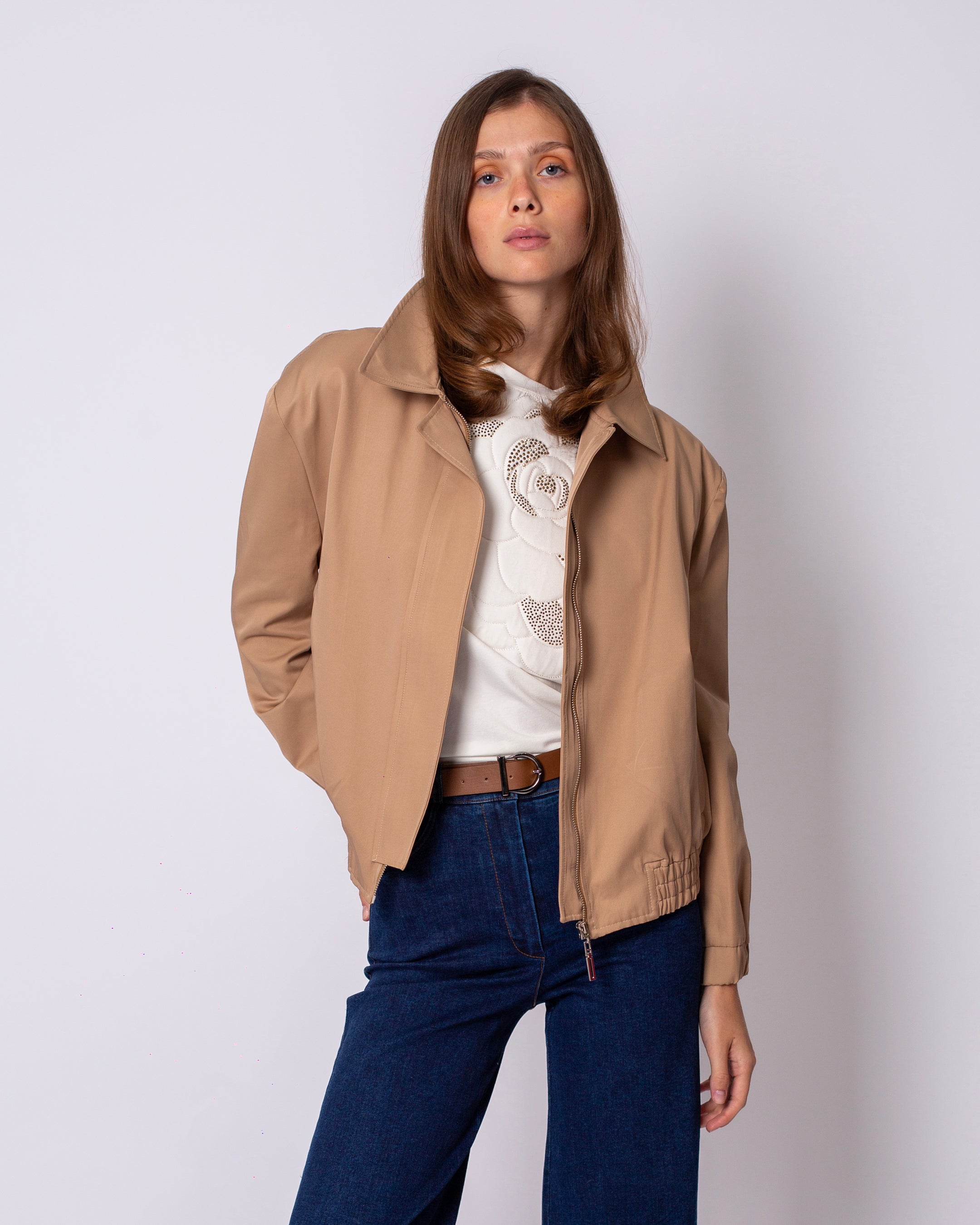 Shirt Collar Front Zipper Jacket with Elastic Waist