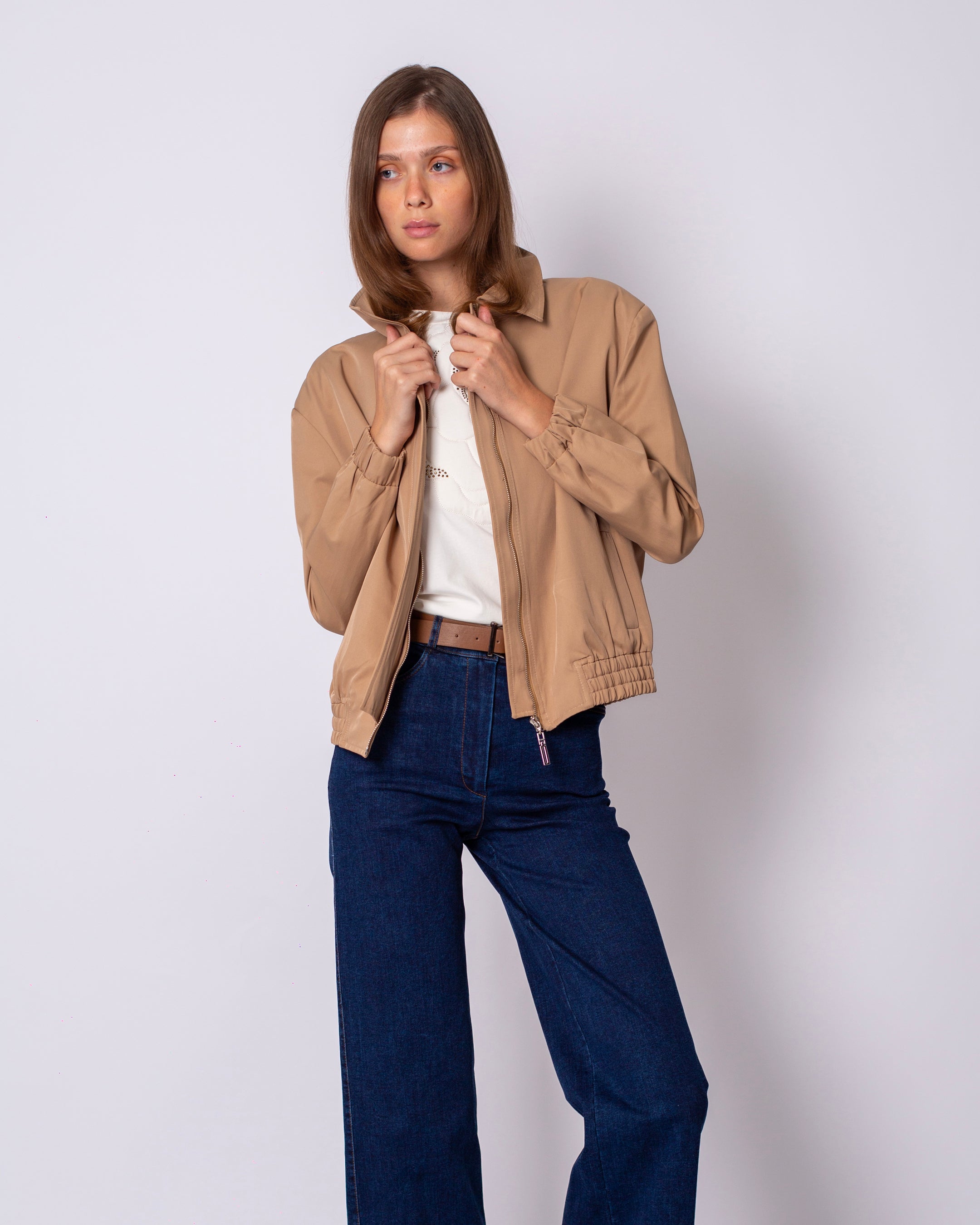 Shirt Collar Front Zipper Jacket with Elastic Waist