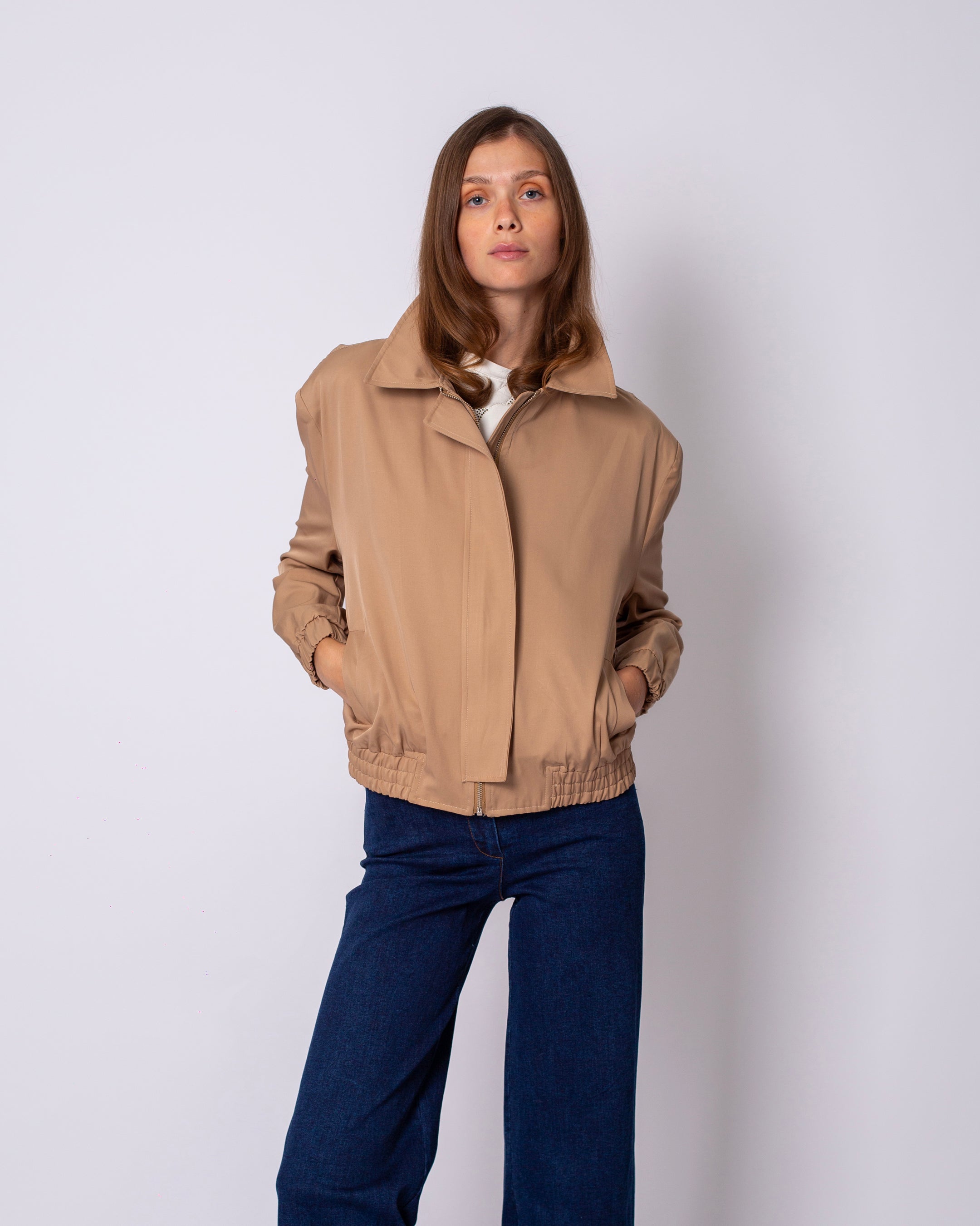 Shirt Collar Front Zipper Jacket with Elastic Waist