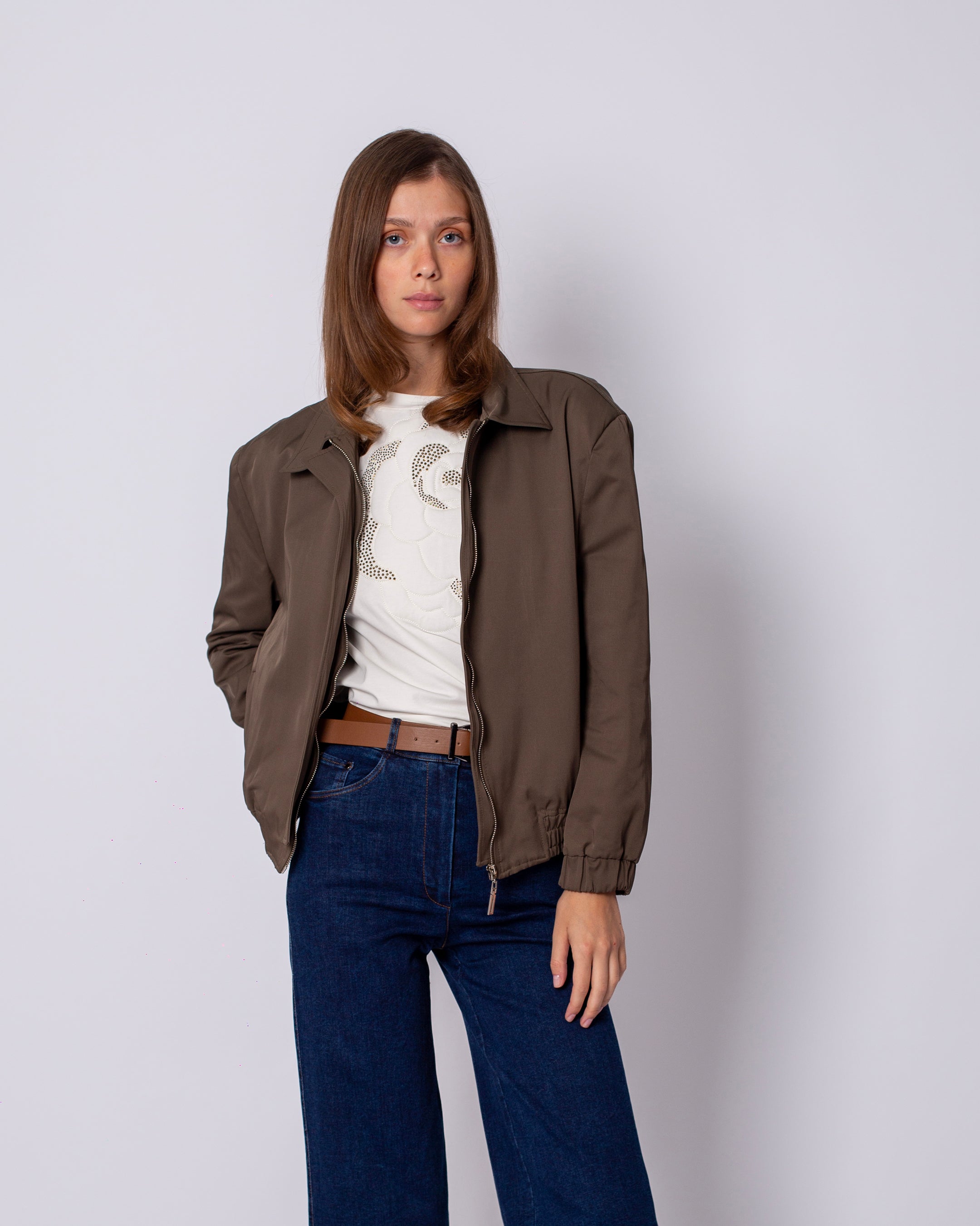 Shirt Collar Front Zipper Jacket with Elastic Waist