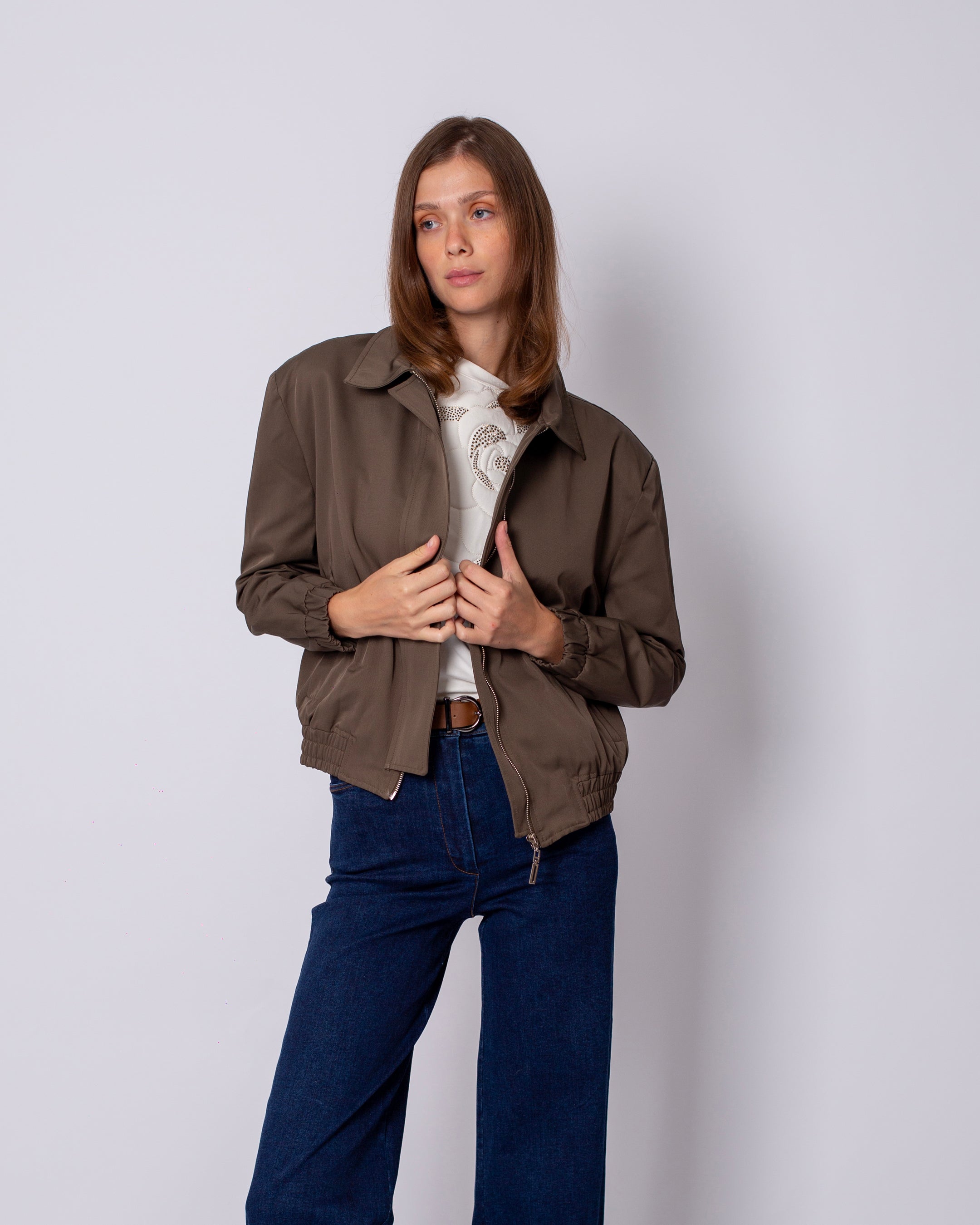 Shirt Collar Front Zipper Jacket with Elastic Waist