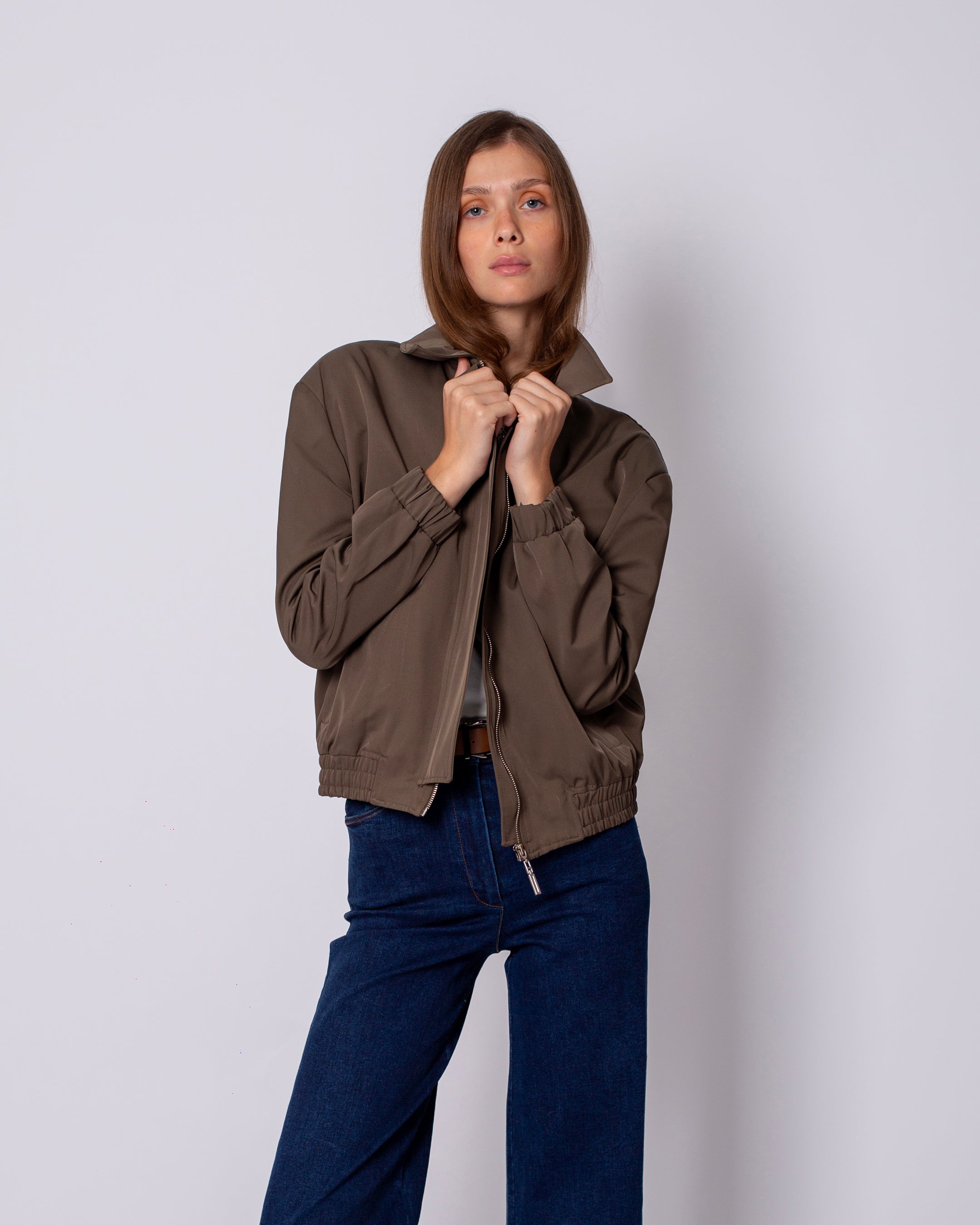 Shirt Collar Front Zipper Jacket with Elastic Waist