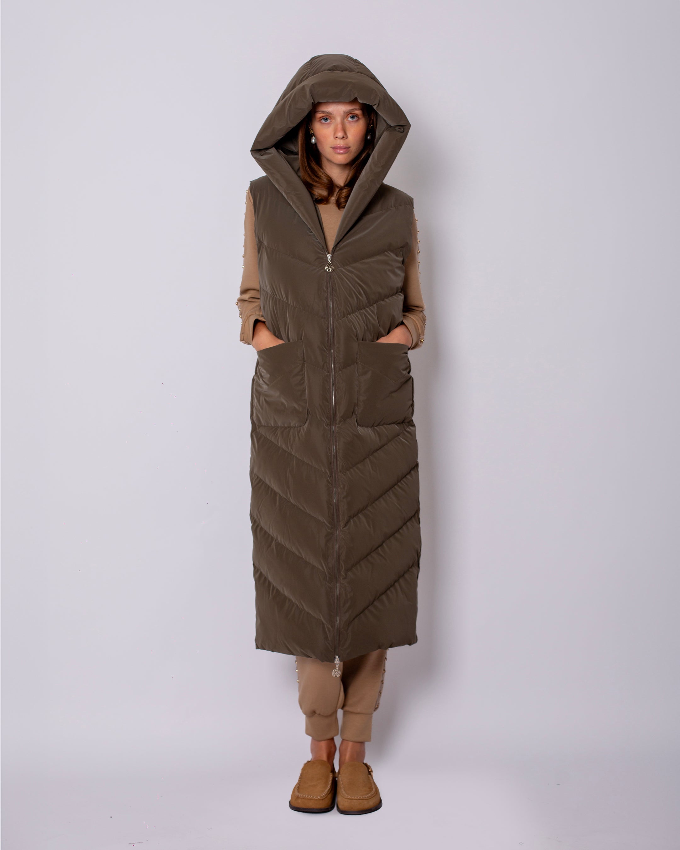 Hooded Long Puffer Vest with Zipper on the Front