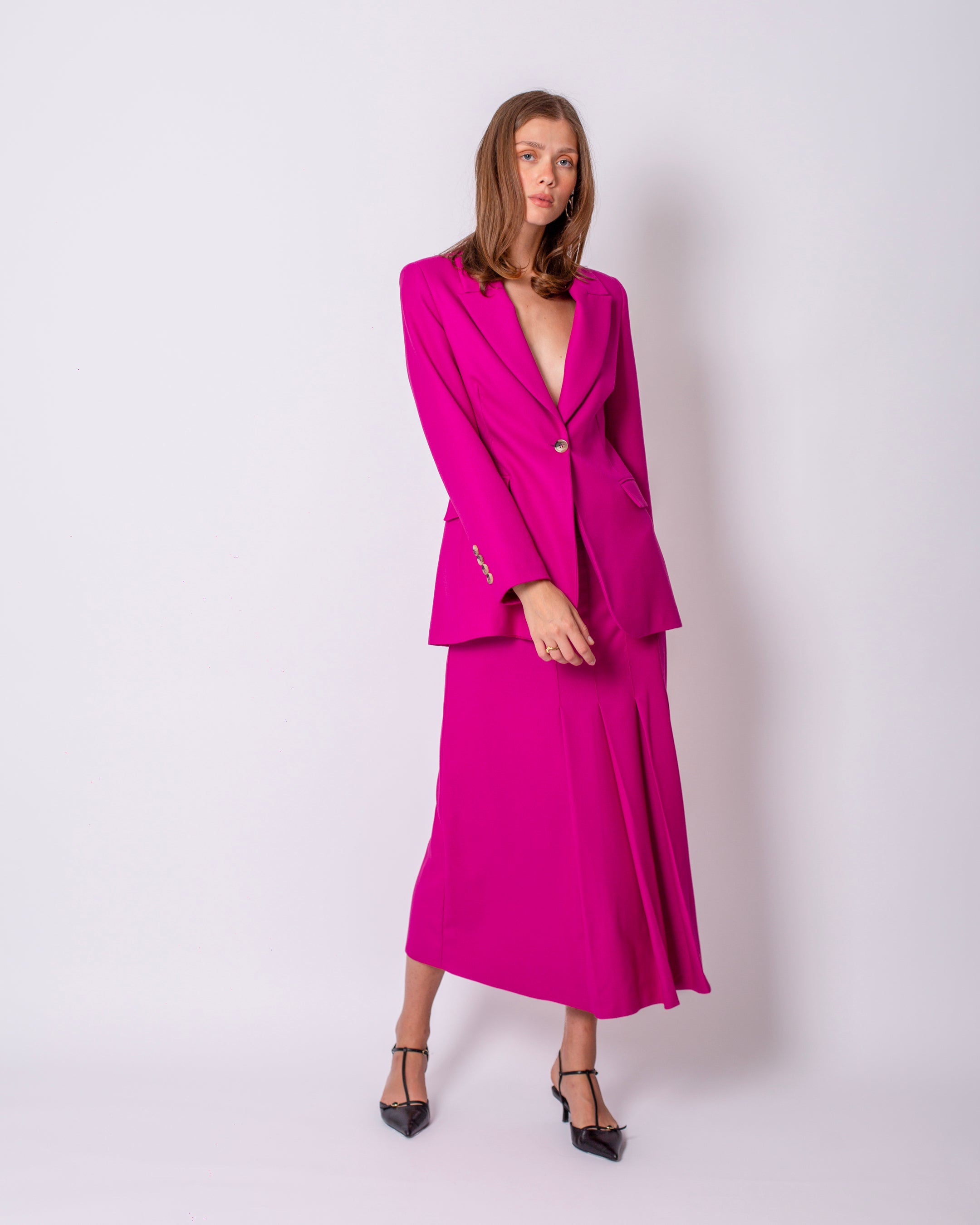 Double-Breasted Collar Button-Front Jacket - Long Skirt Suit