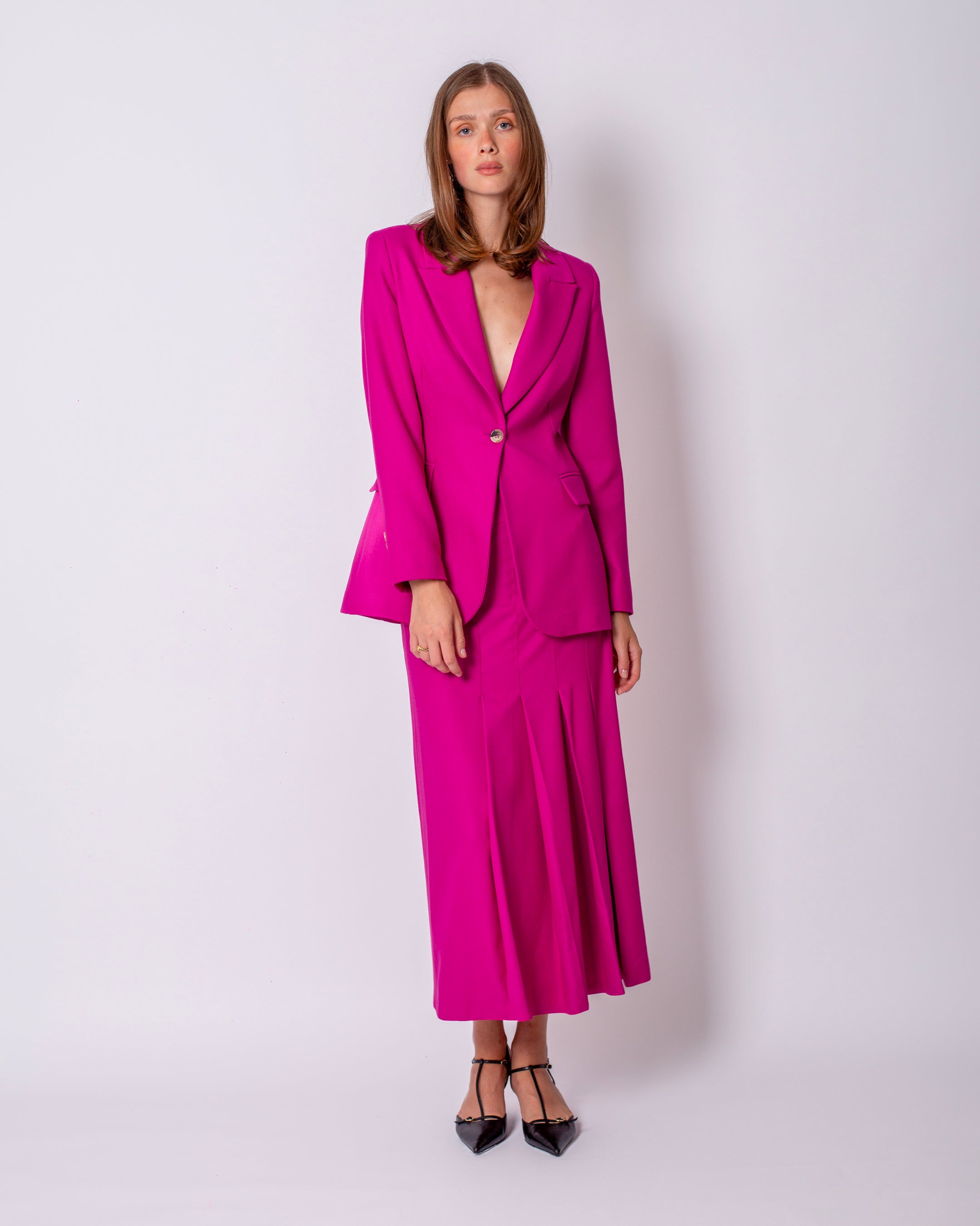 Double-Breasted Collar Button-Front Jacket - Long Skirt Suit