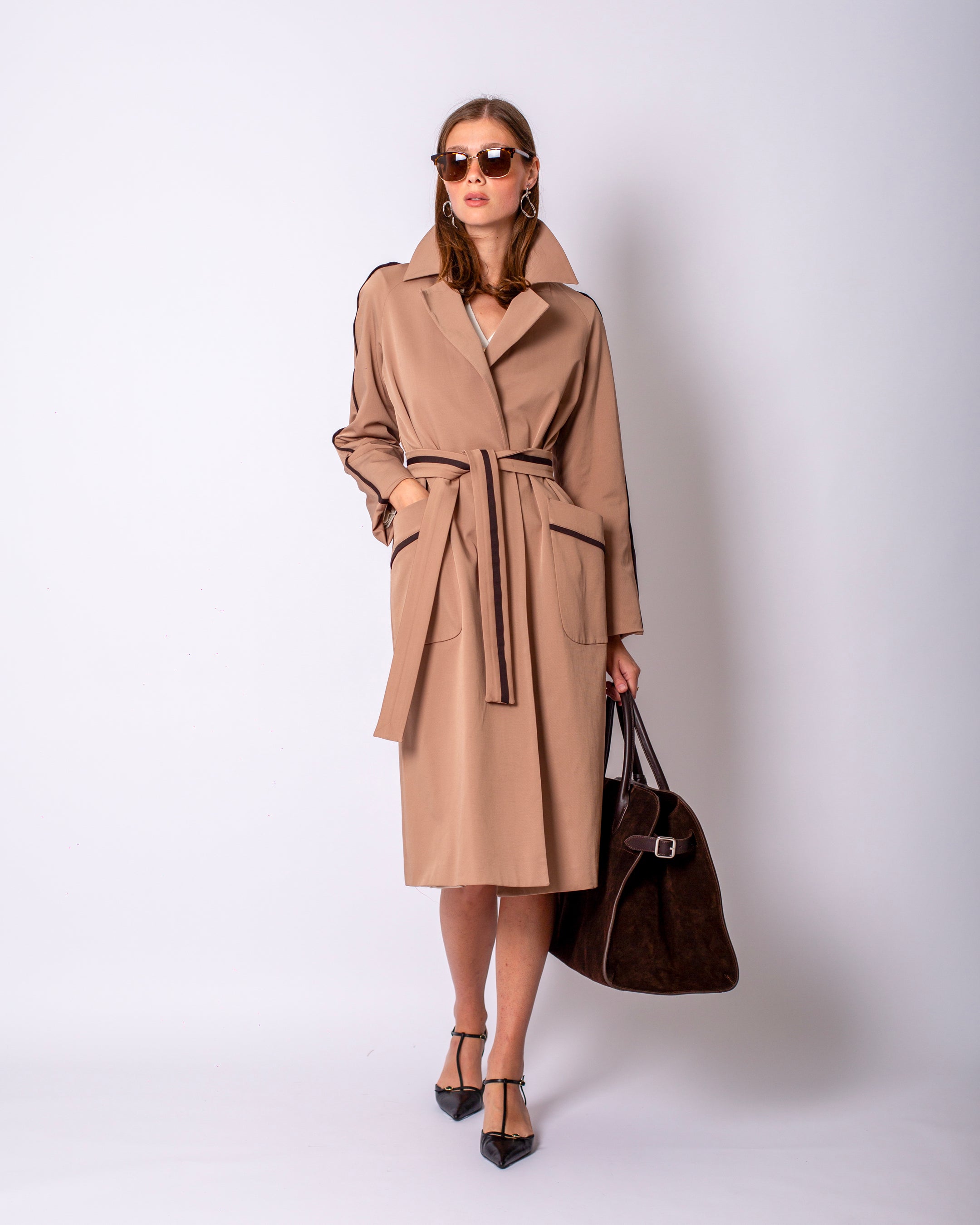 Cool Shine Brown Stripe Detailed Trench Coat