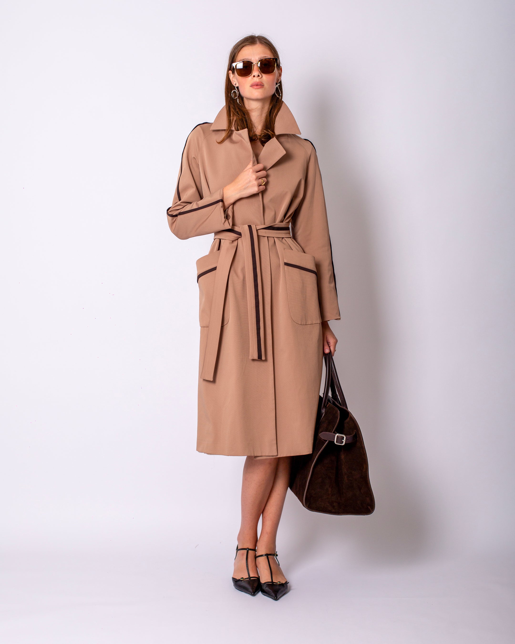 Cool Shine Brown Stripe Detailed Trench Coat