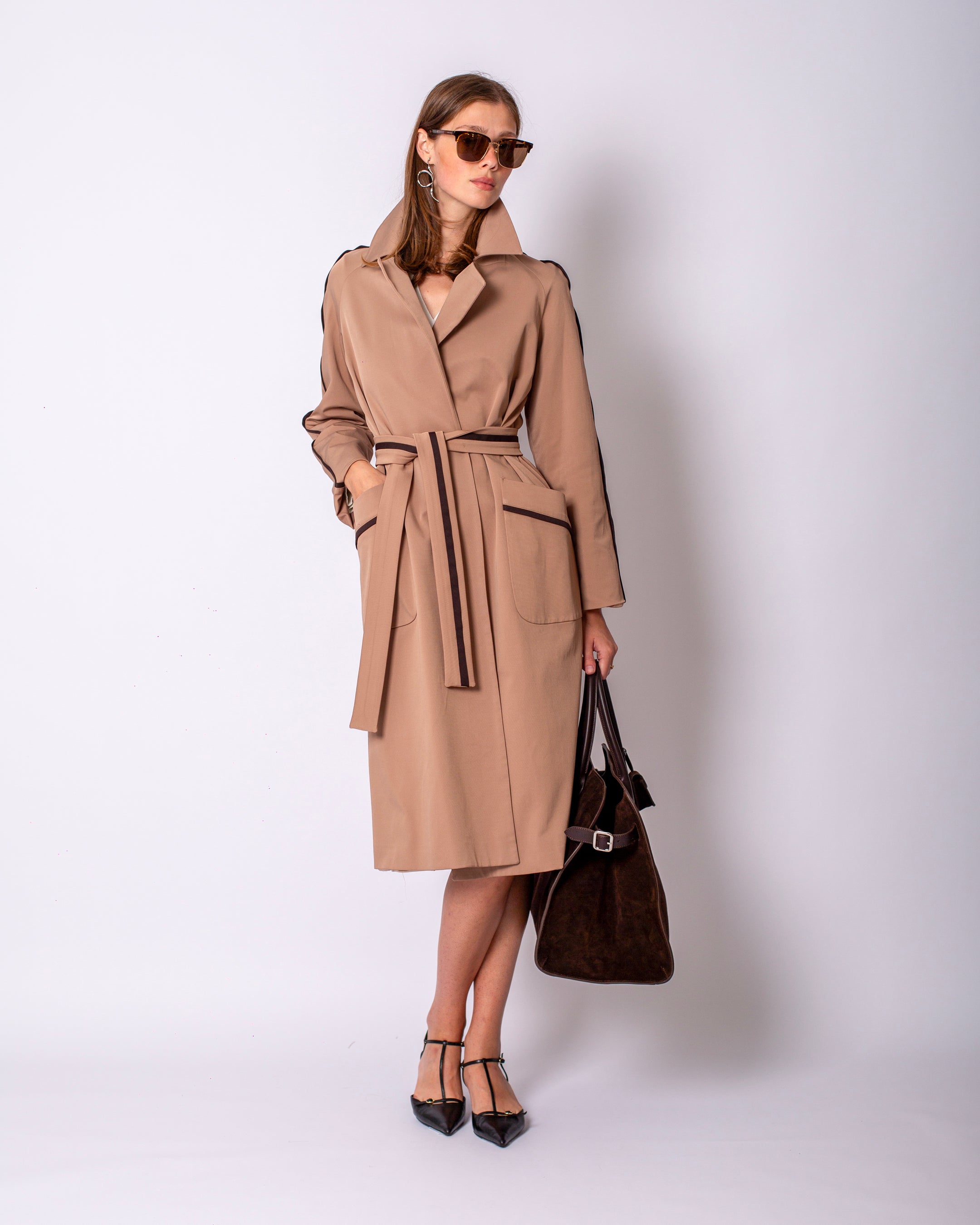 Cool Shine Brown Stripe Detailed Trench Coat