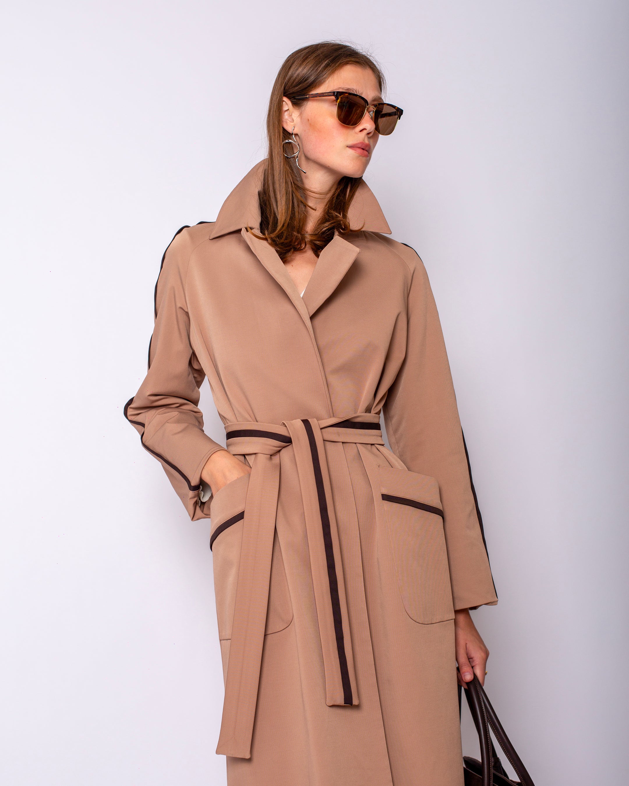 Cool Shine Brown Stripe Detailed Trench Coat