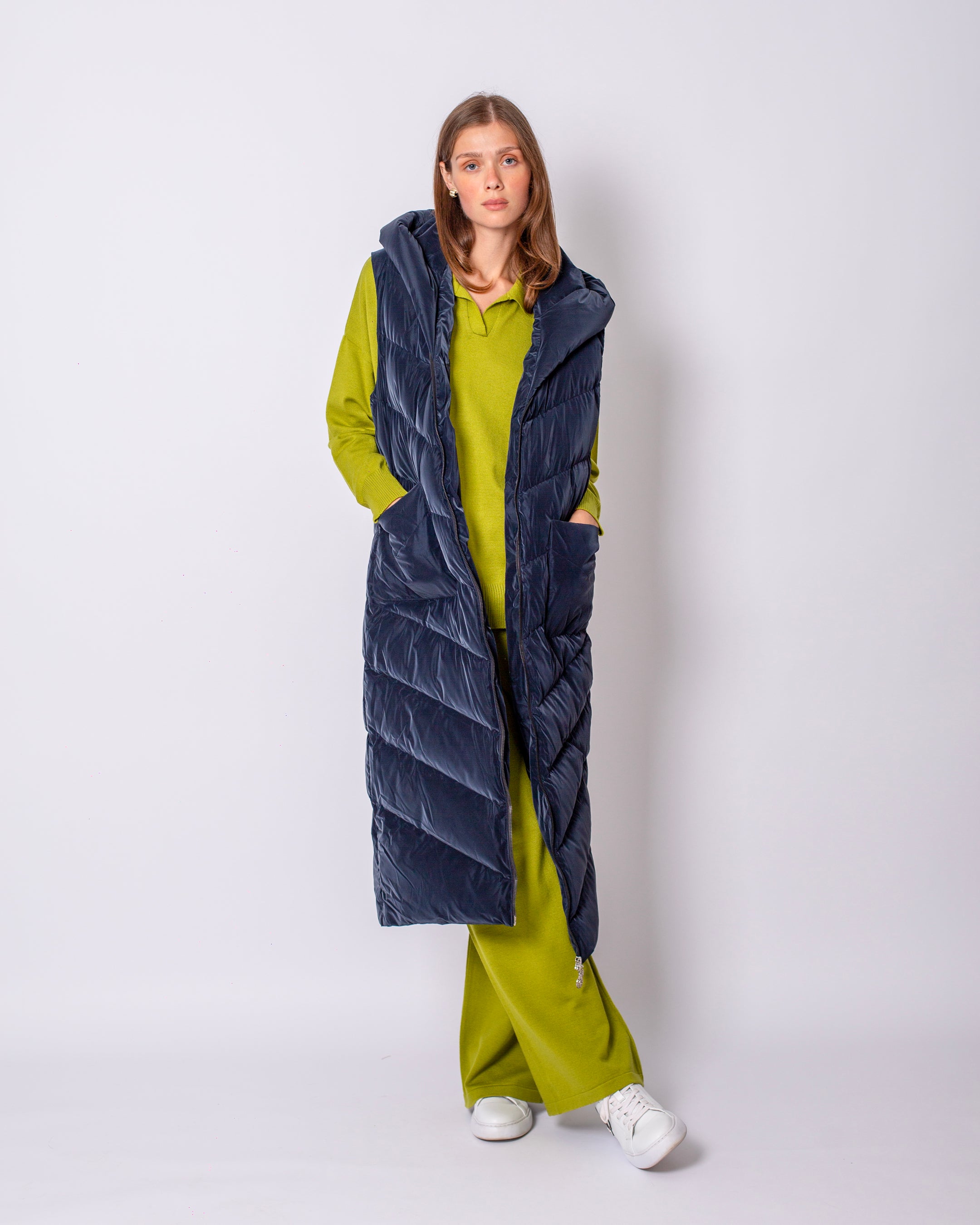 Hooded Long Puffer Vest with Zipper on the Front