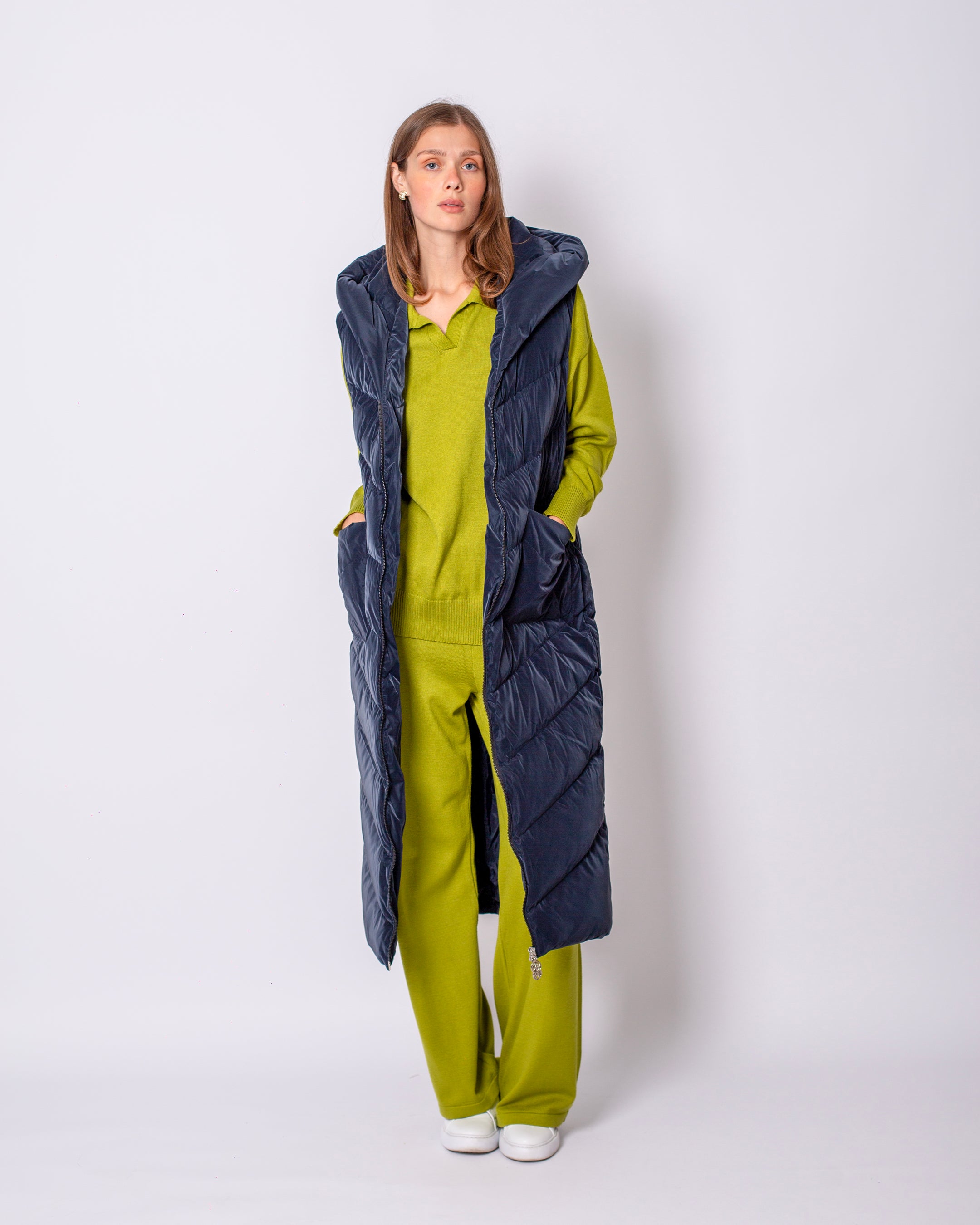 Hooded Long Puffer Vest with Zipper on the Front