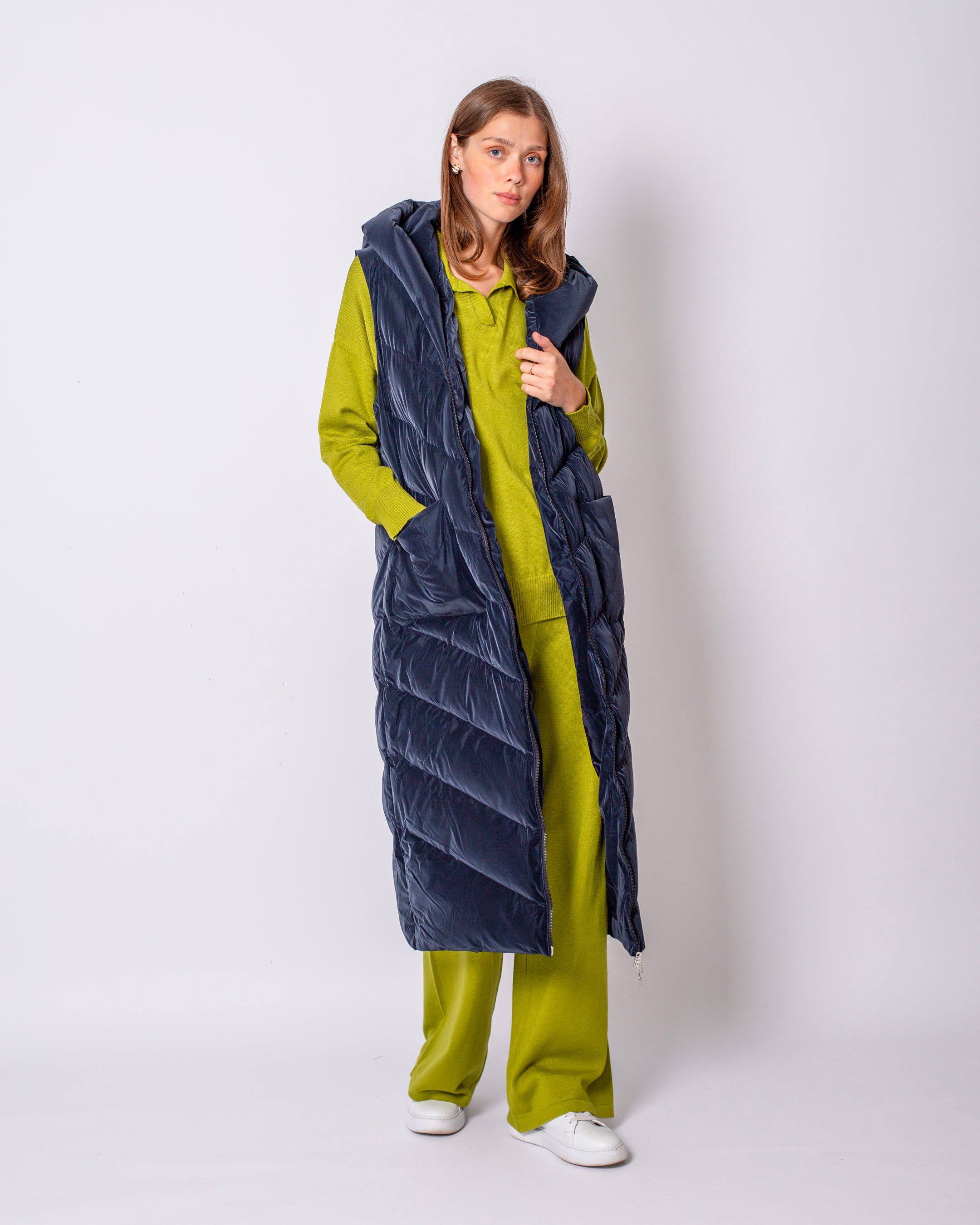 Hooded Long Puffer Vest with Zipper on the Front