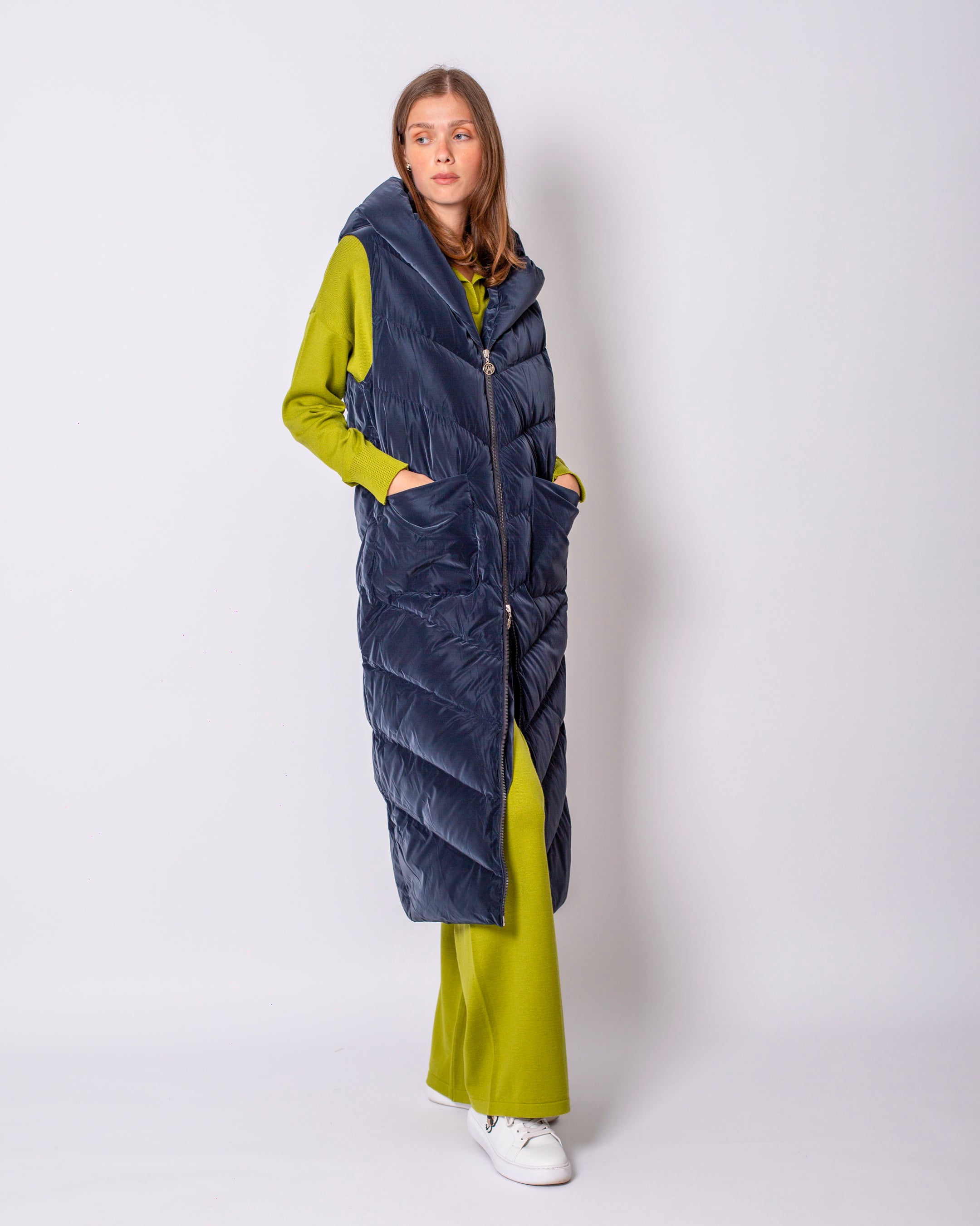 Hooded Long Puffer Vest with Zipper on the Front