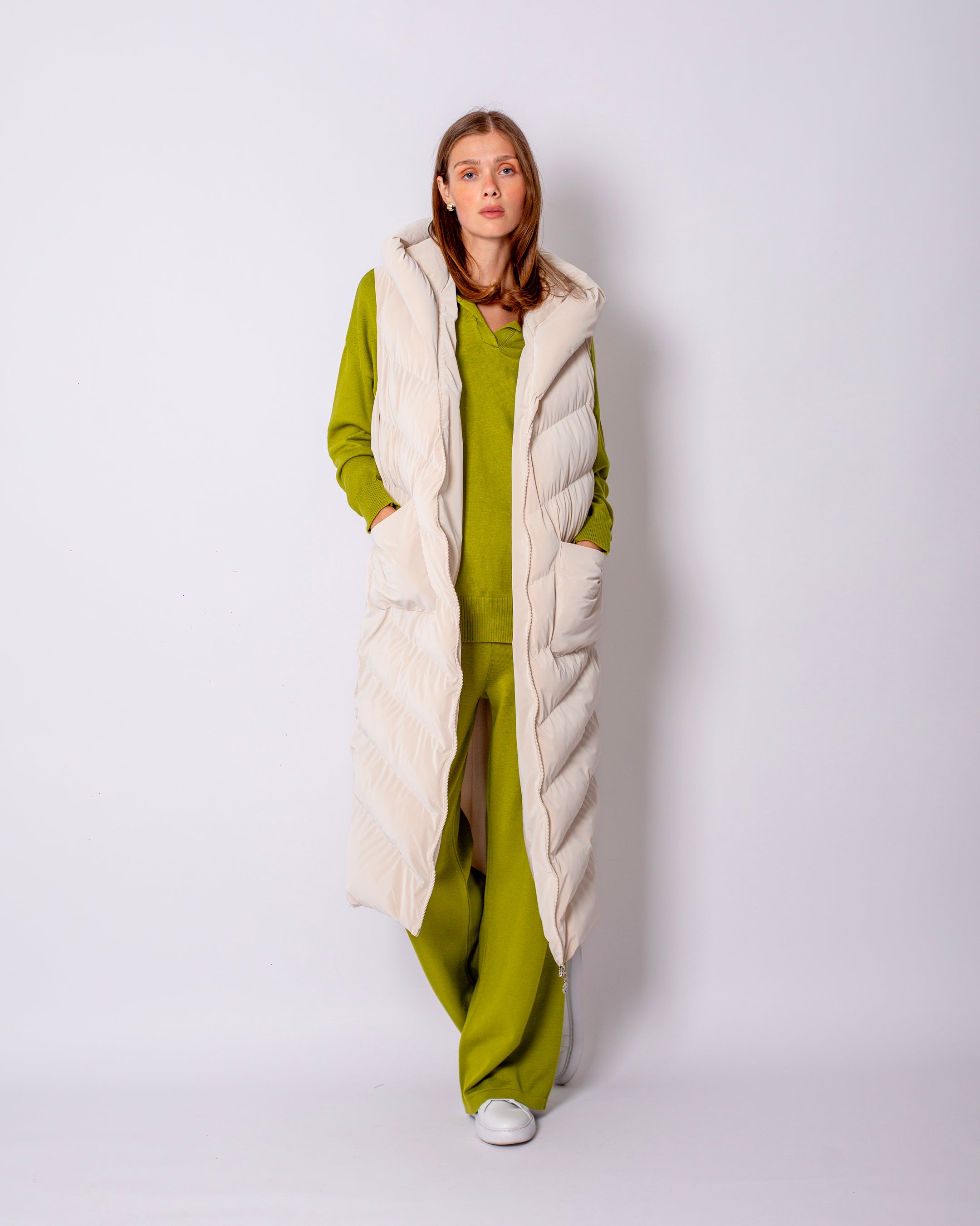 Hooded Long Puffer Vest with Zipper on the Front