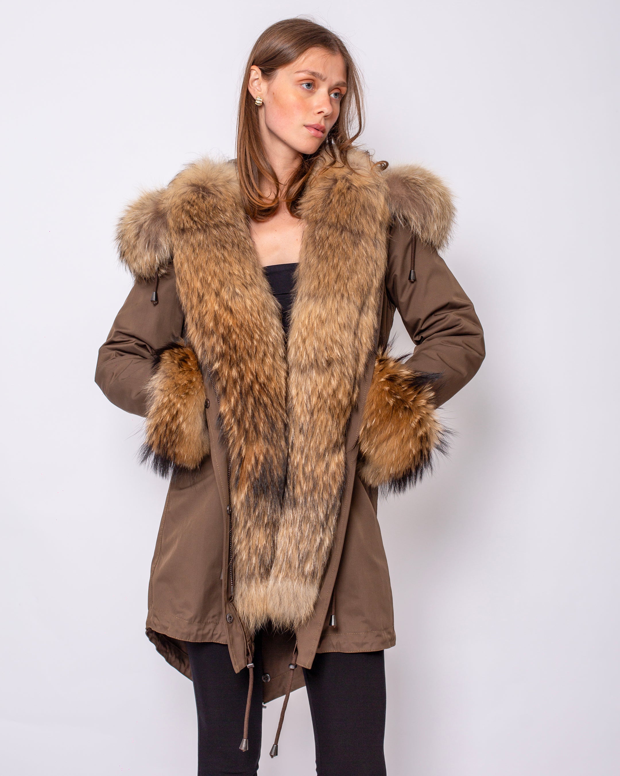 Collar and Front Fur Hooded Coat