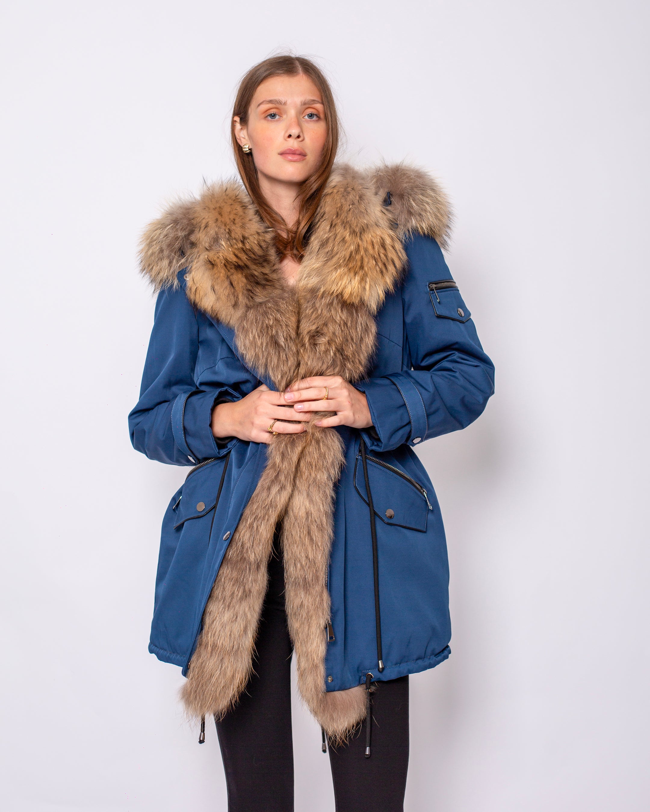 Collar and Front Fur Hooded Coat