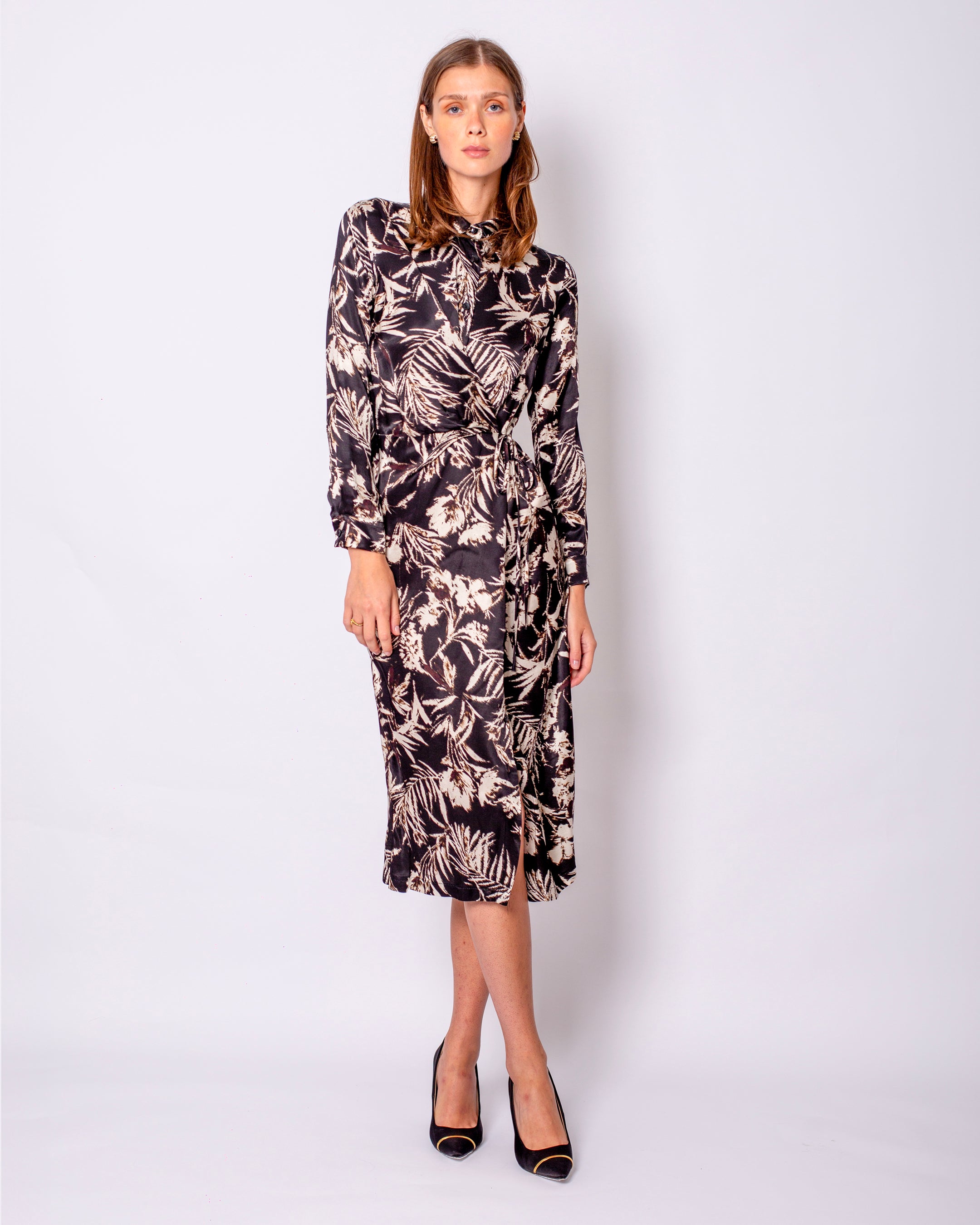 Leaf Printed Satin Double Breasted Waist Tie Shirt Dress