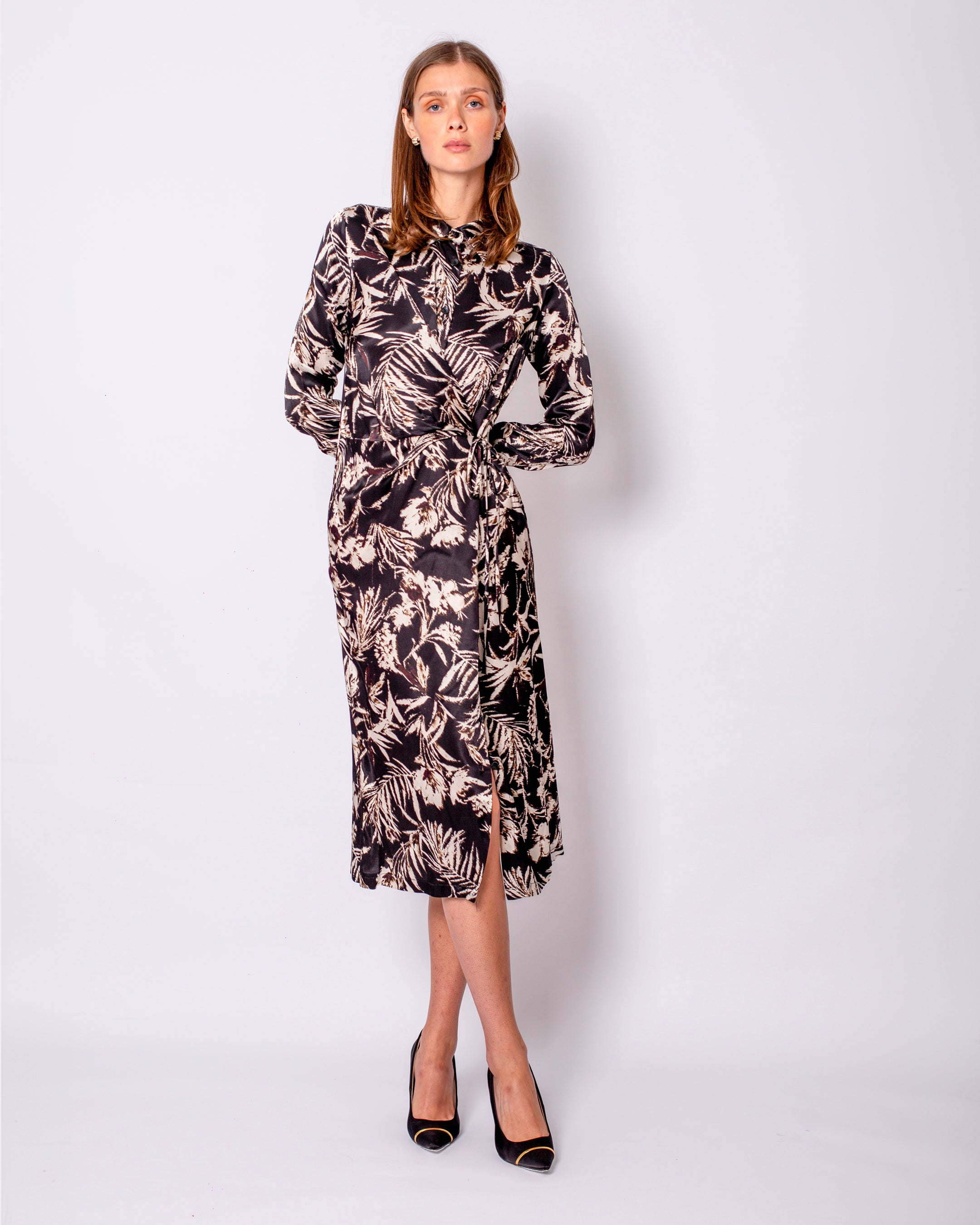 Leaf Printed Satin Double Breasted Waist Tie Shirt Dress