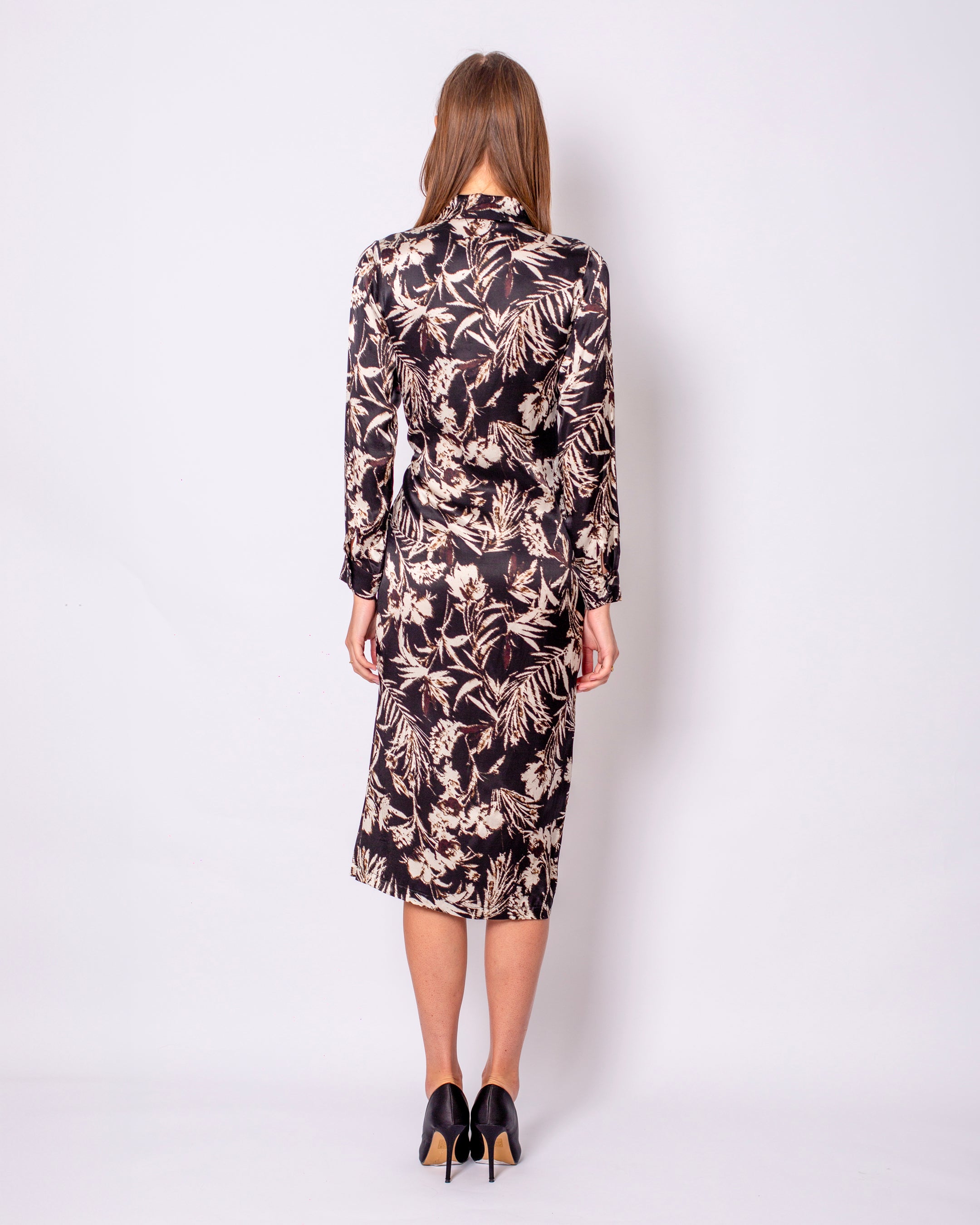 Leaf Printed Satin Double Breasted Waist Tie Shirt Dress