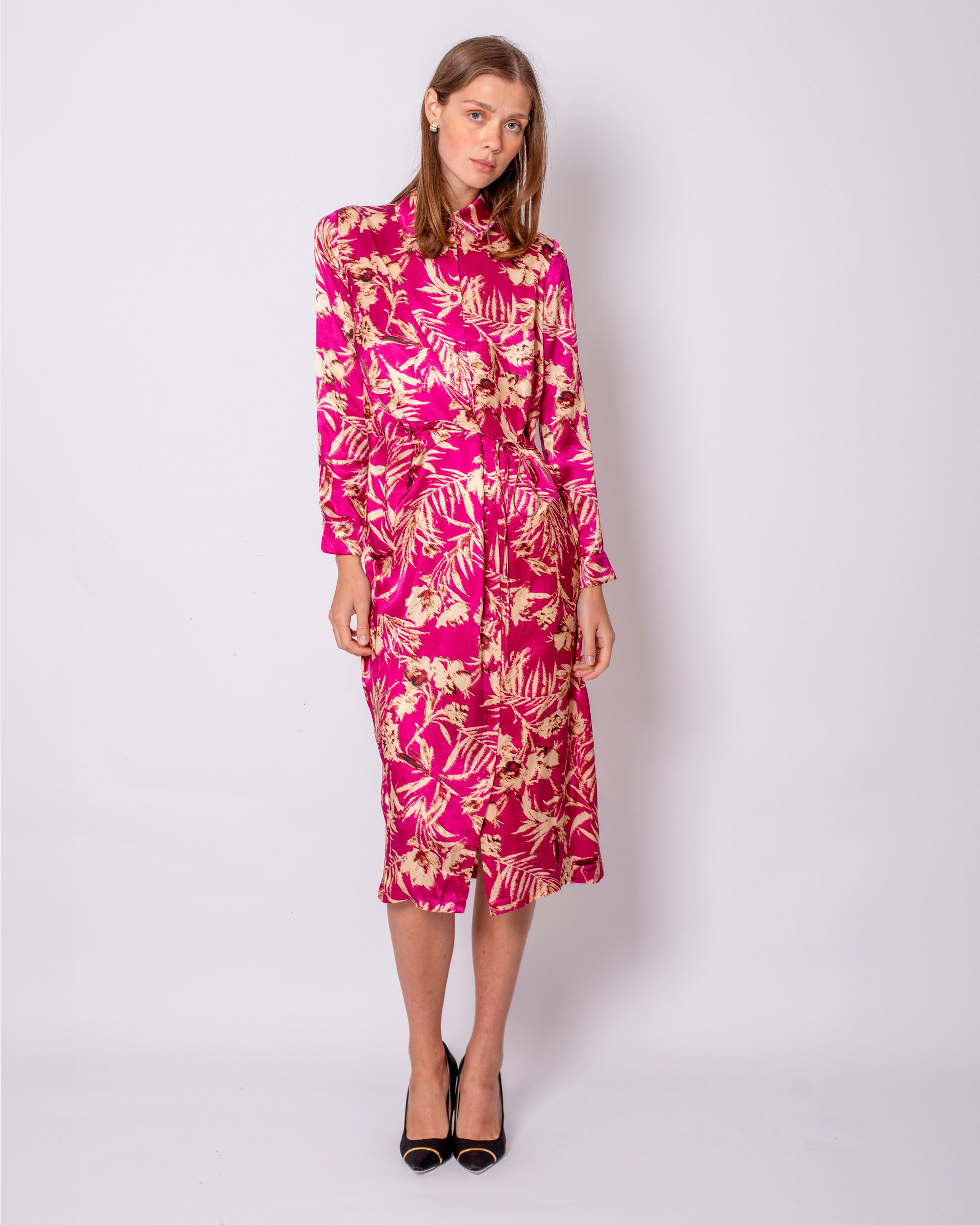 Leaf Printed Satin Double Breasted Waist Tie Shirt Dress