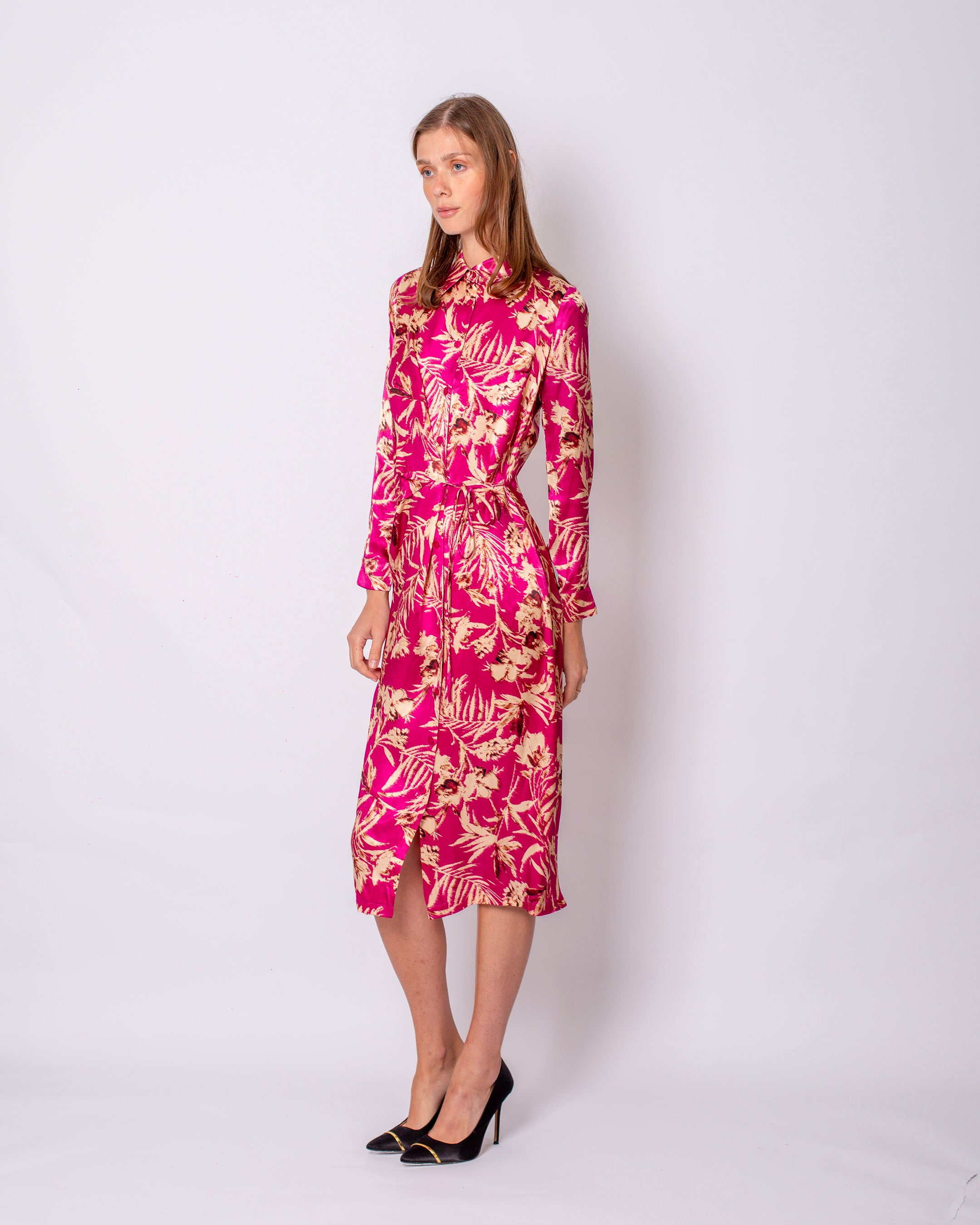 Leaf Printed Satin Double Breasted Waist Tie Shirt Dress