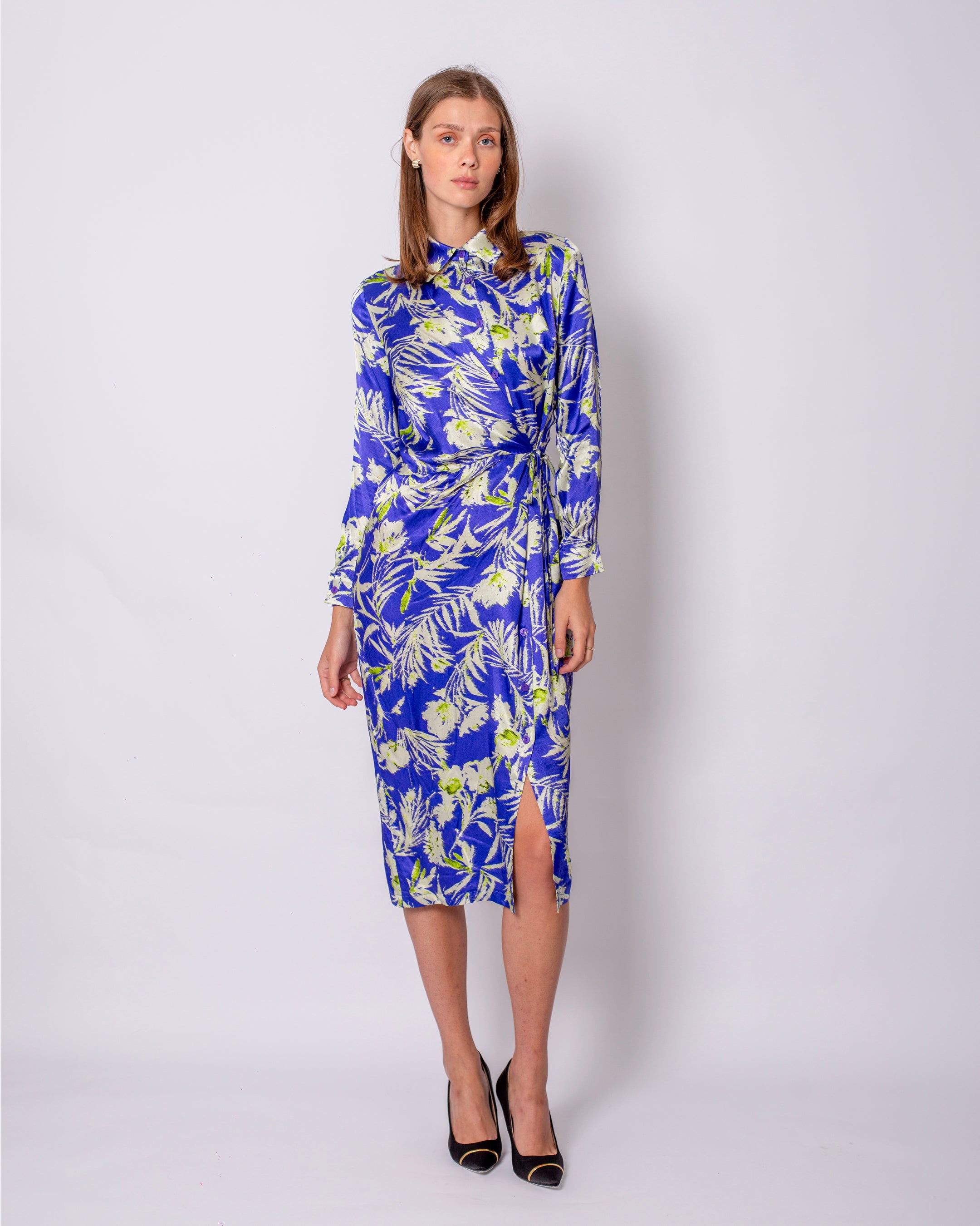 Leaf Printed Satin Double Breasted Waist Tie Shirt Dress