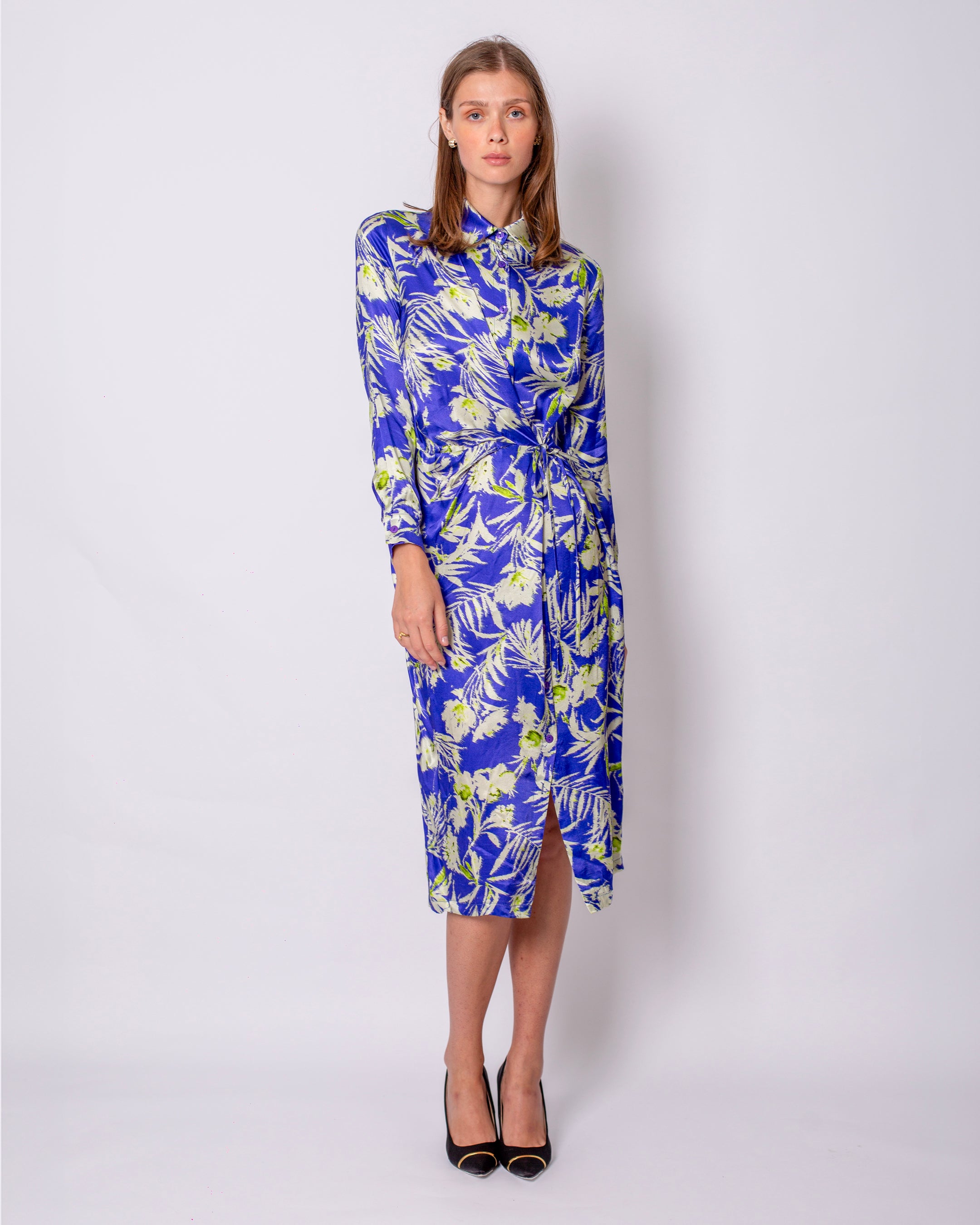 Leaf Printed Satin Double Breasted Waist Tie Shirt Dress