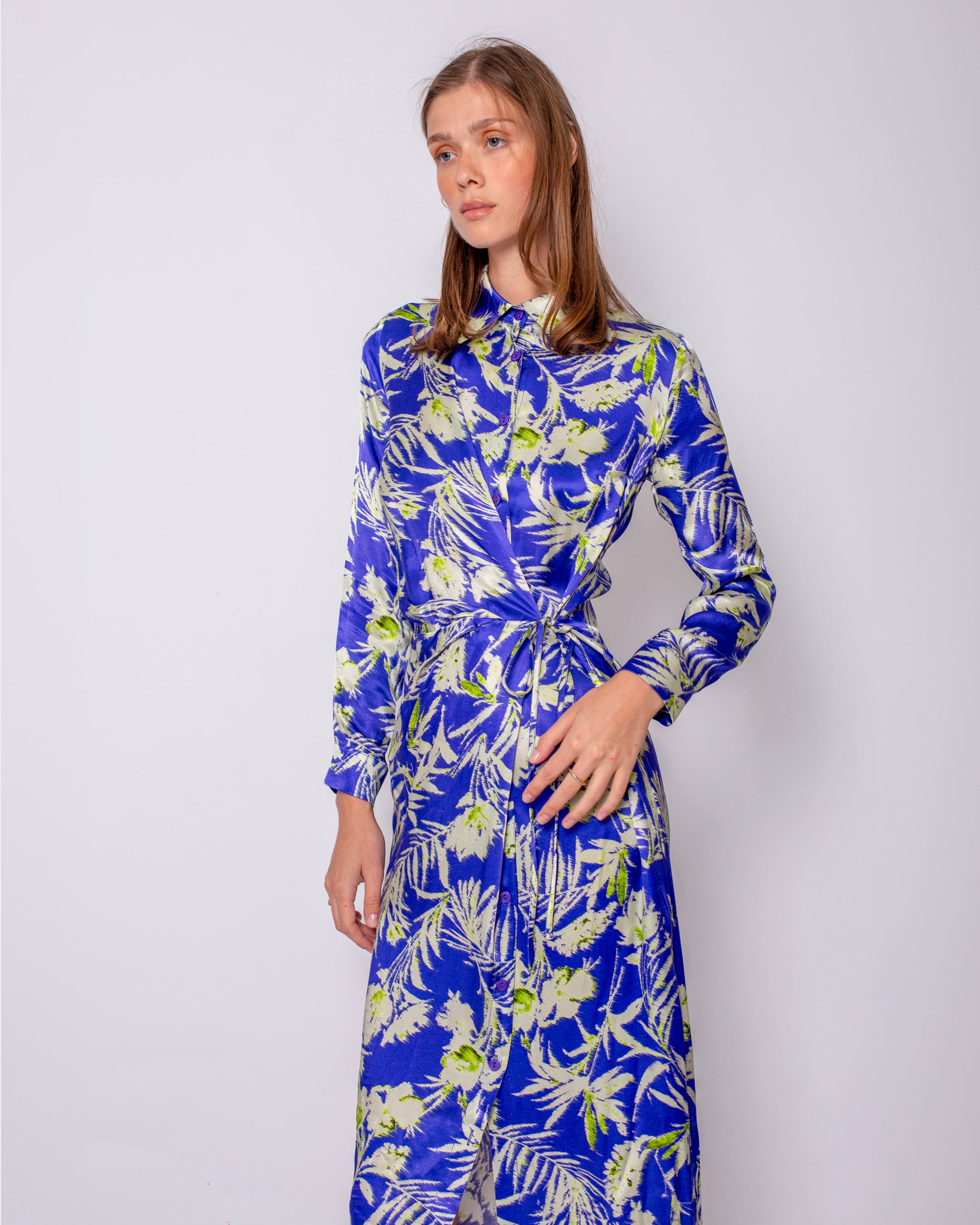 Leaf Printed Satin Double Breasted Waist Tie Shirt Dress