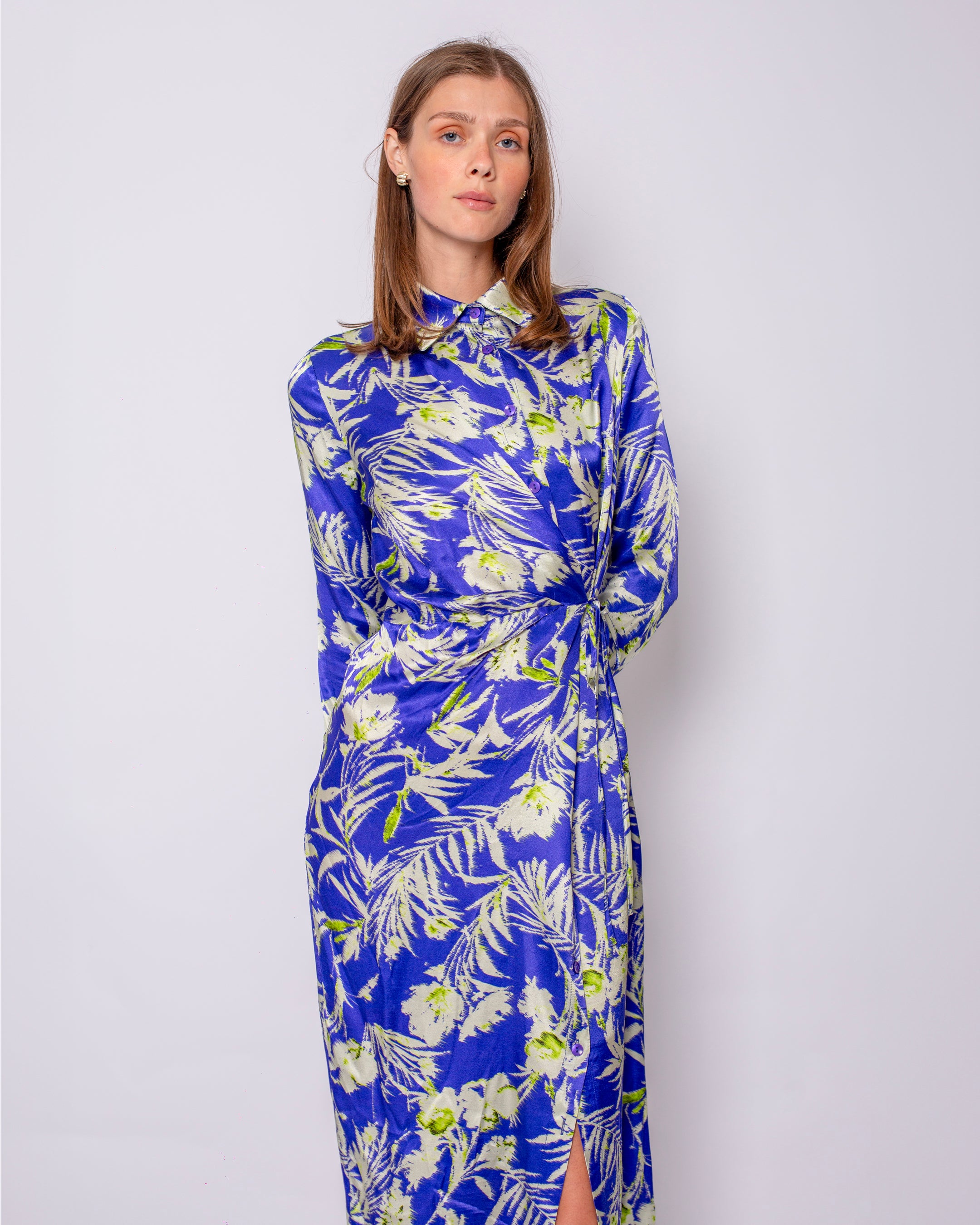 Leaf Printed Satin Double Breasted Waist Tie Shirt Dress