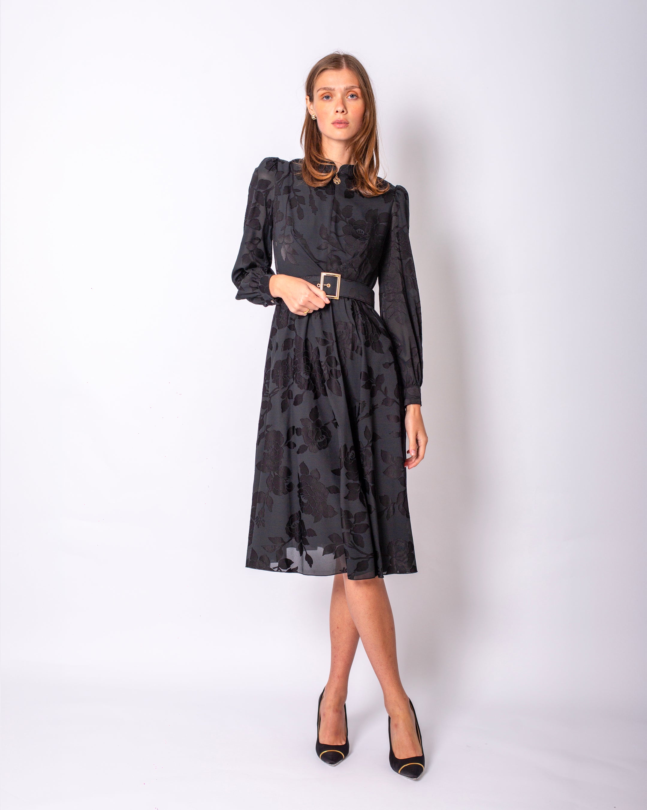 Belted Dress with Floral Print Detail and Zippered Collar