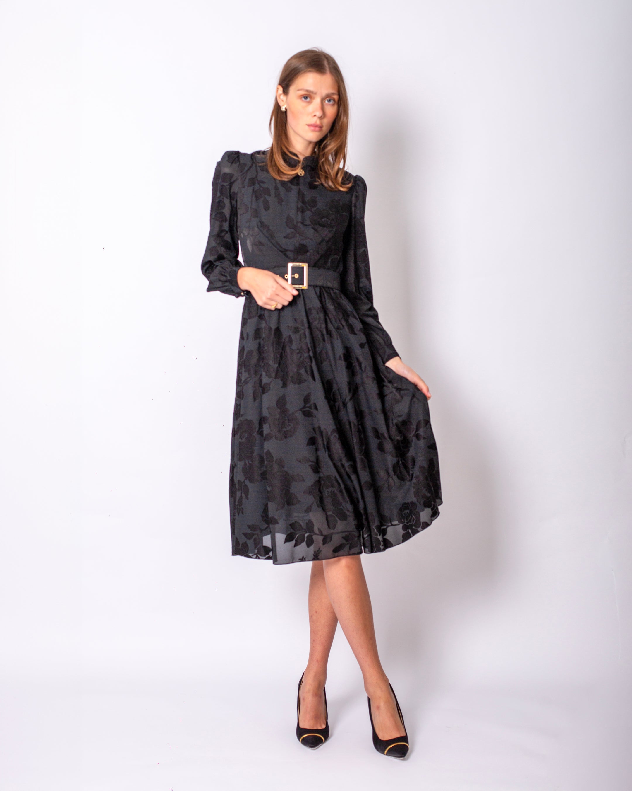 Belted Dress with Floral Print Detail and Zippered Collar