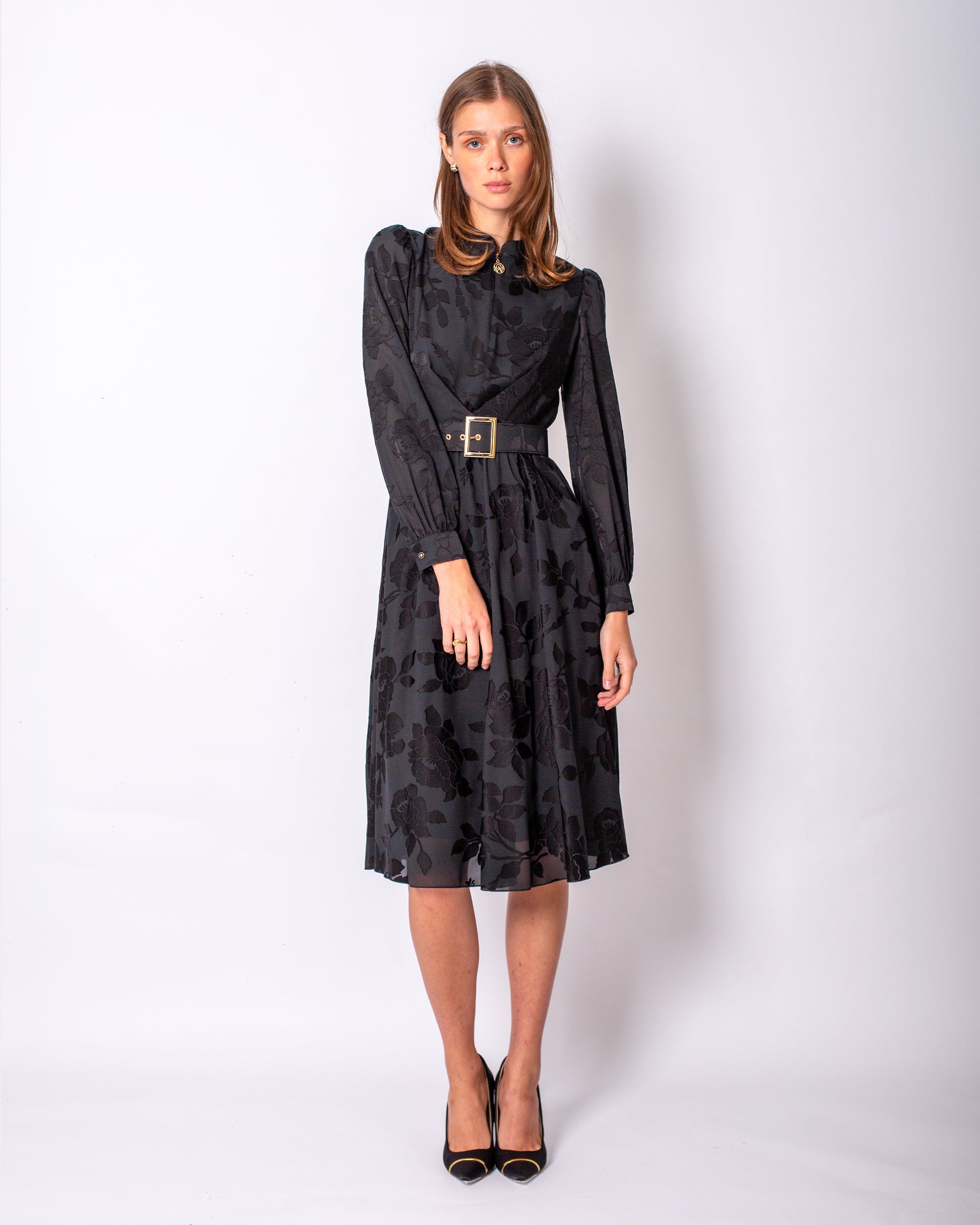 Belted Dress with Floral Print Detail and Zippered Collar