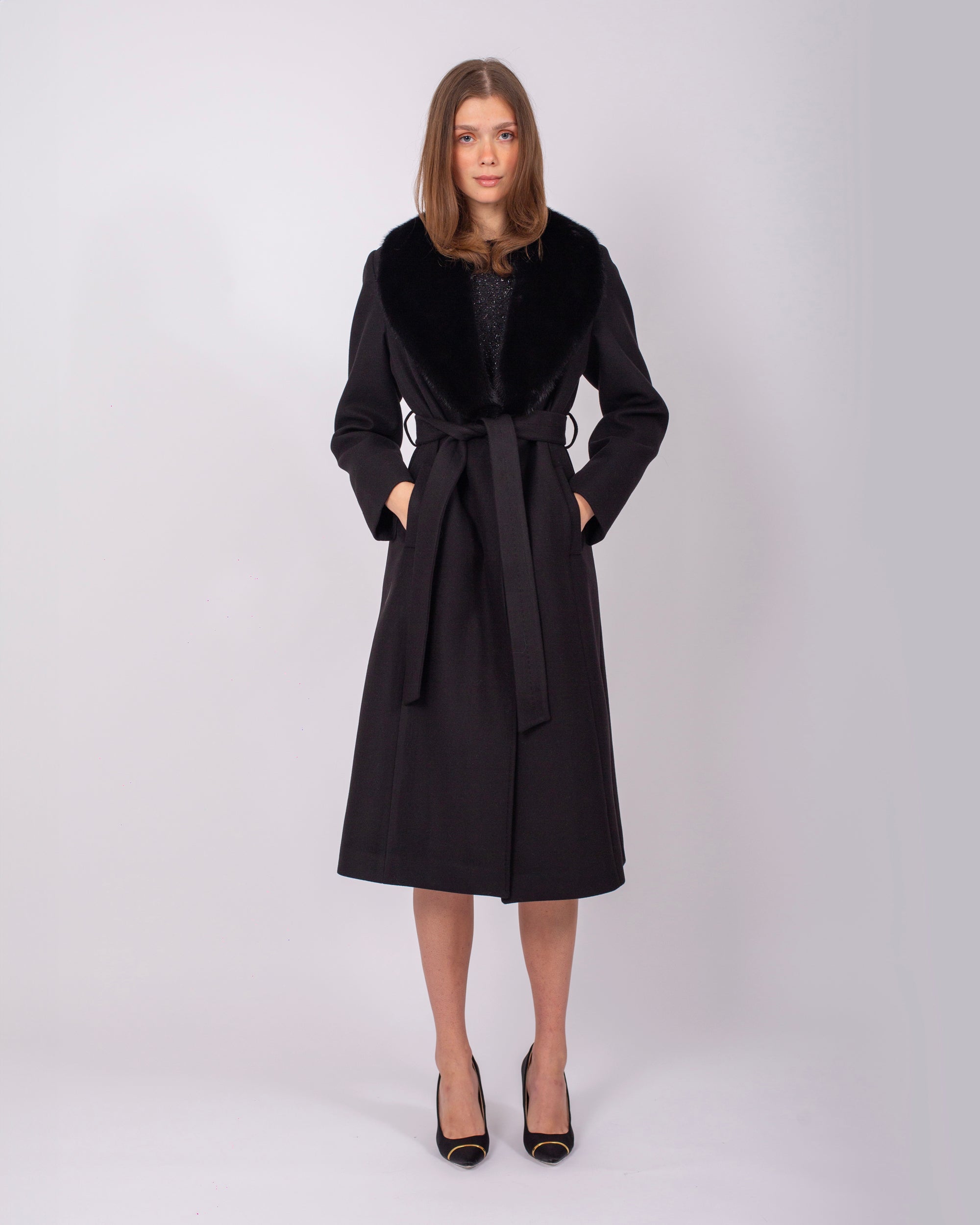 Belted Cashmere Coat with Mink Fur Collar