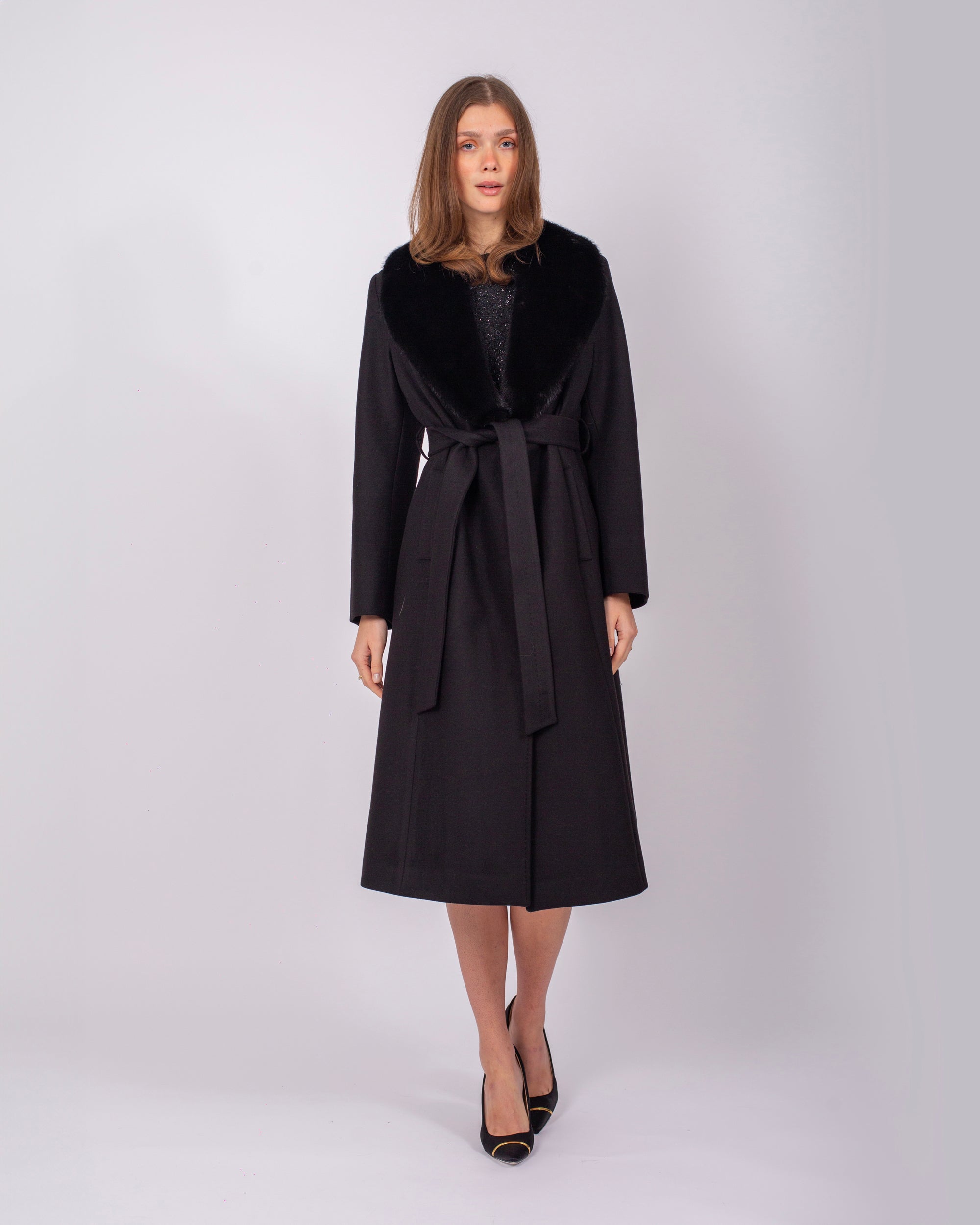 Belted Cashmere Coat with Mink Fur Collar