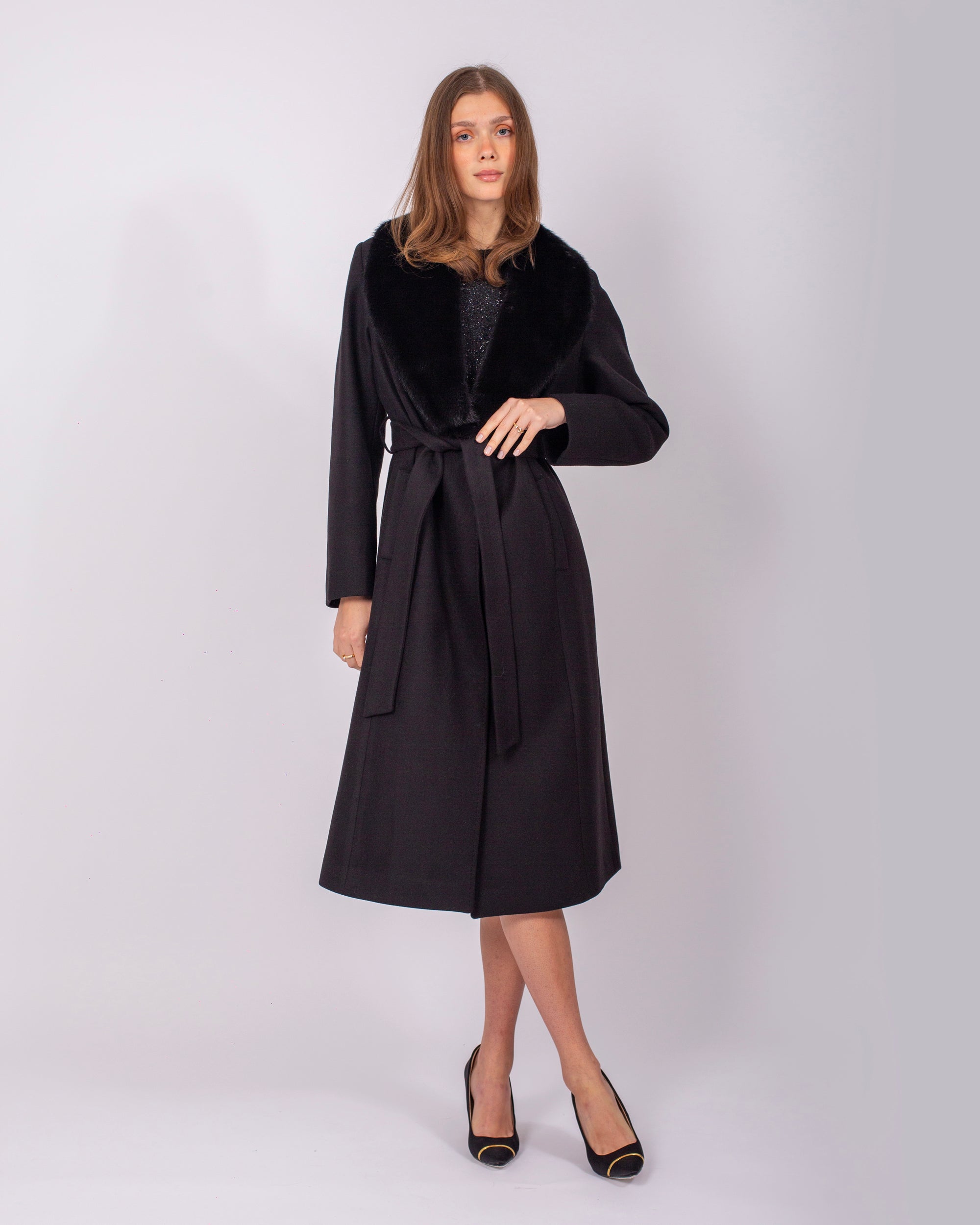 Belted Cashmere Coat with Mink Fur Collar