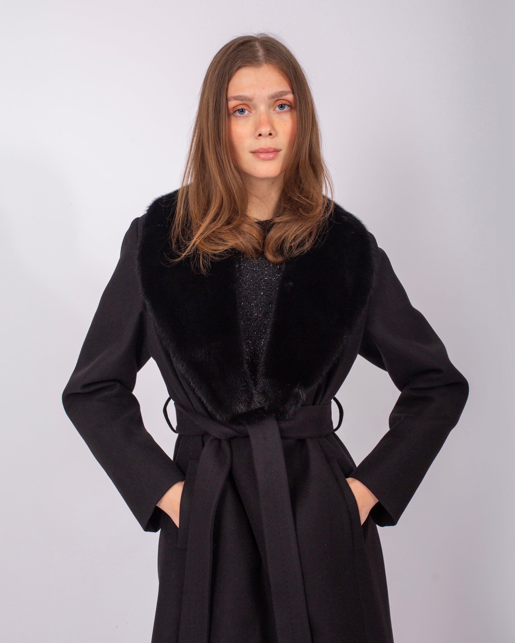 Belted Cashmere Coat with Mink Fur Collar