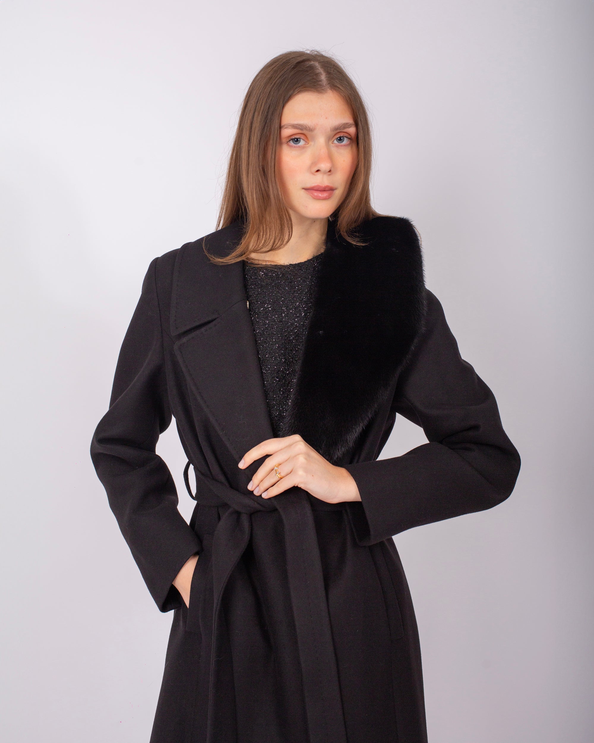 Belted Cashmere Coat with Mink Fur Collar