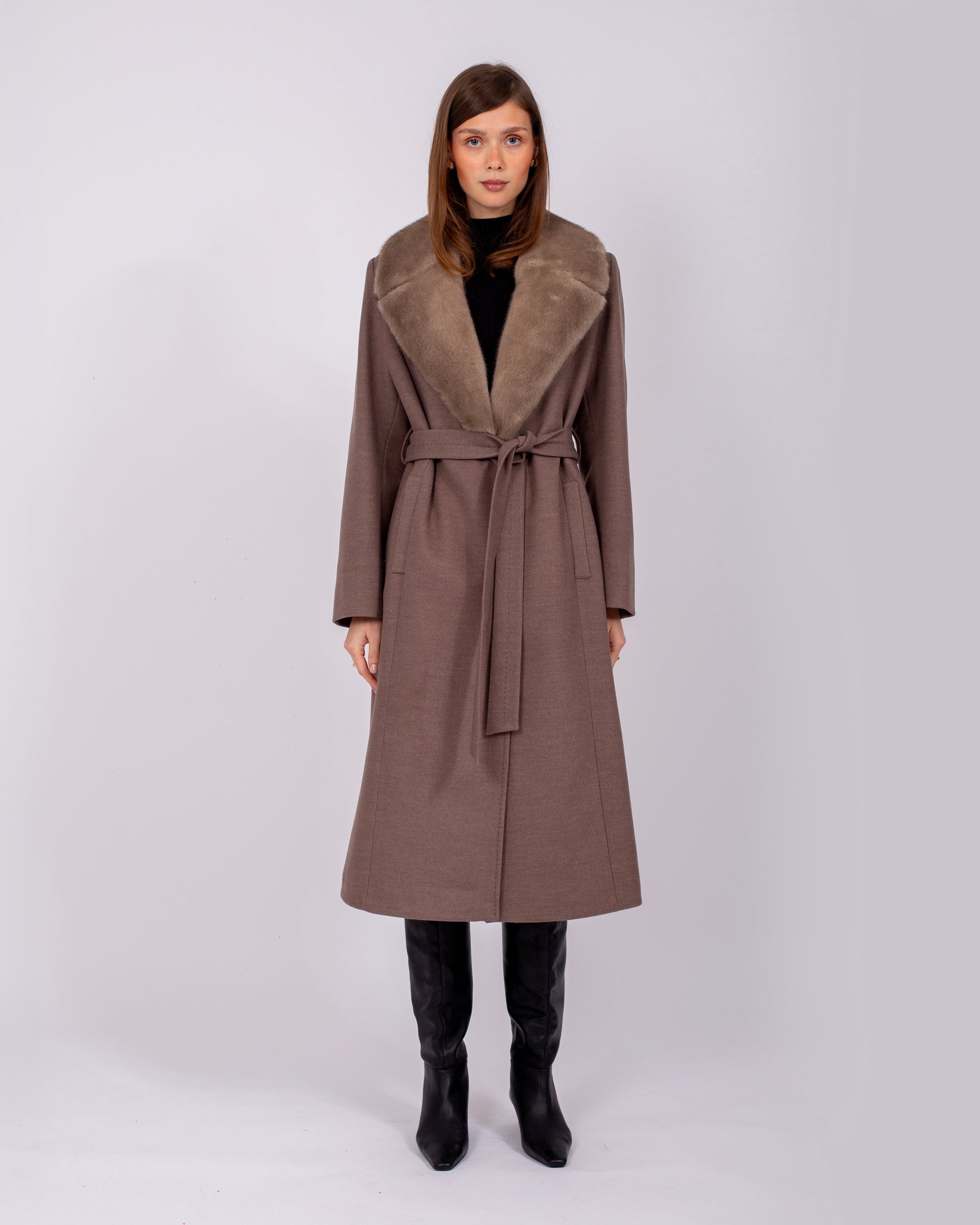 Belted Cashmere Coat with Mink Fur Collar