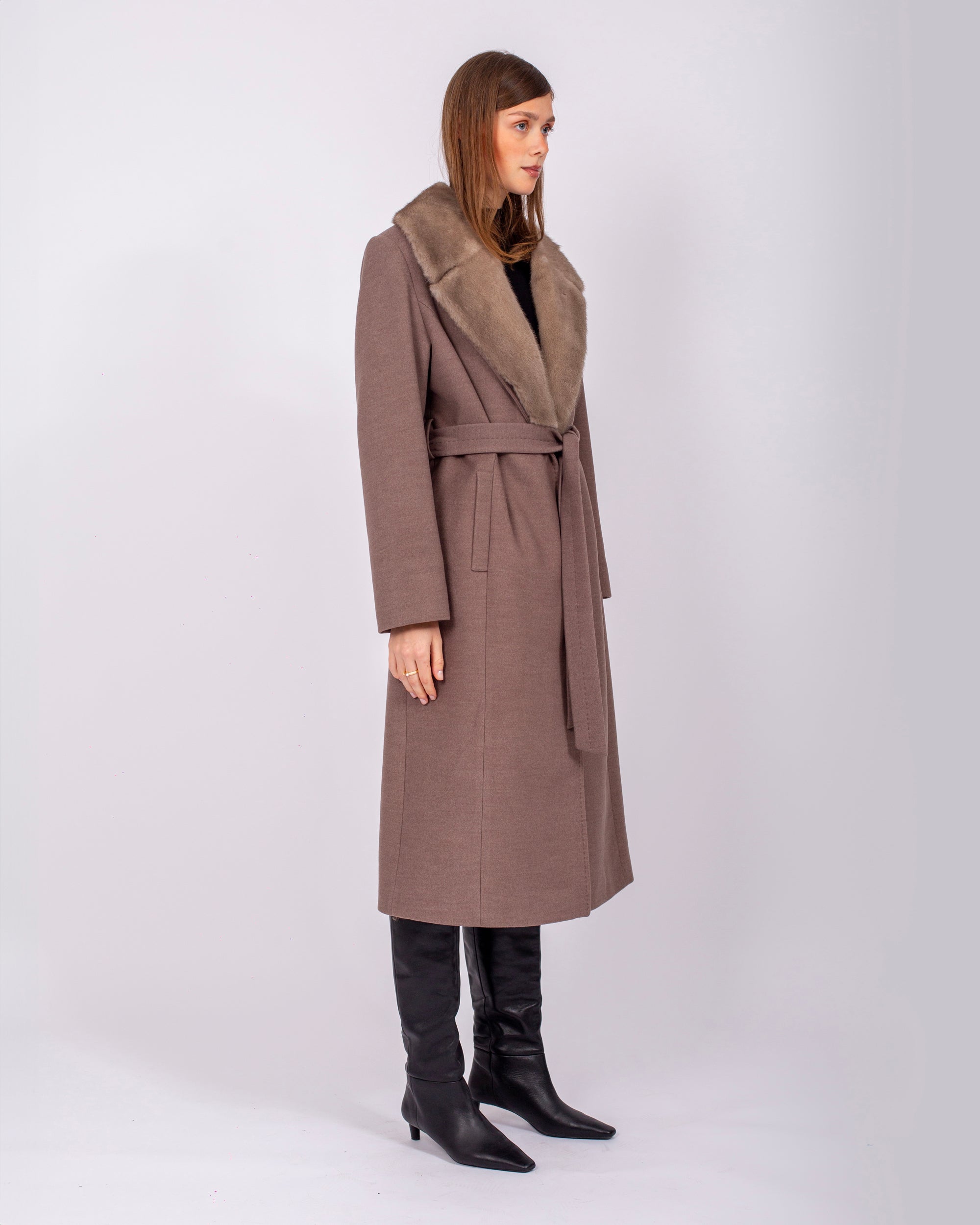 Belted Cashmere Coat with Mink Fur Collar