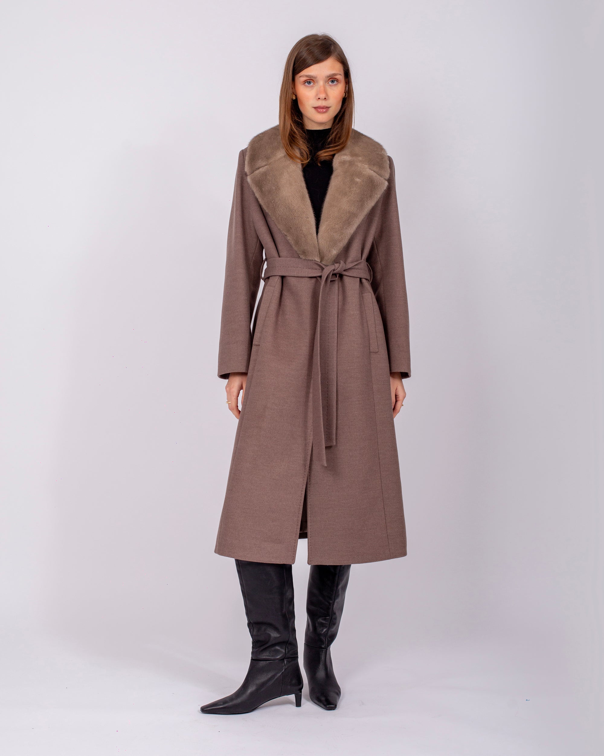 Belted Cashmere Coat with Mink Fur Collar