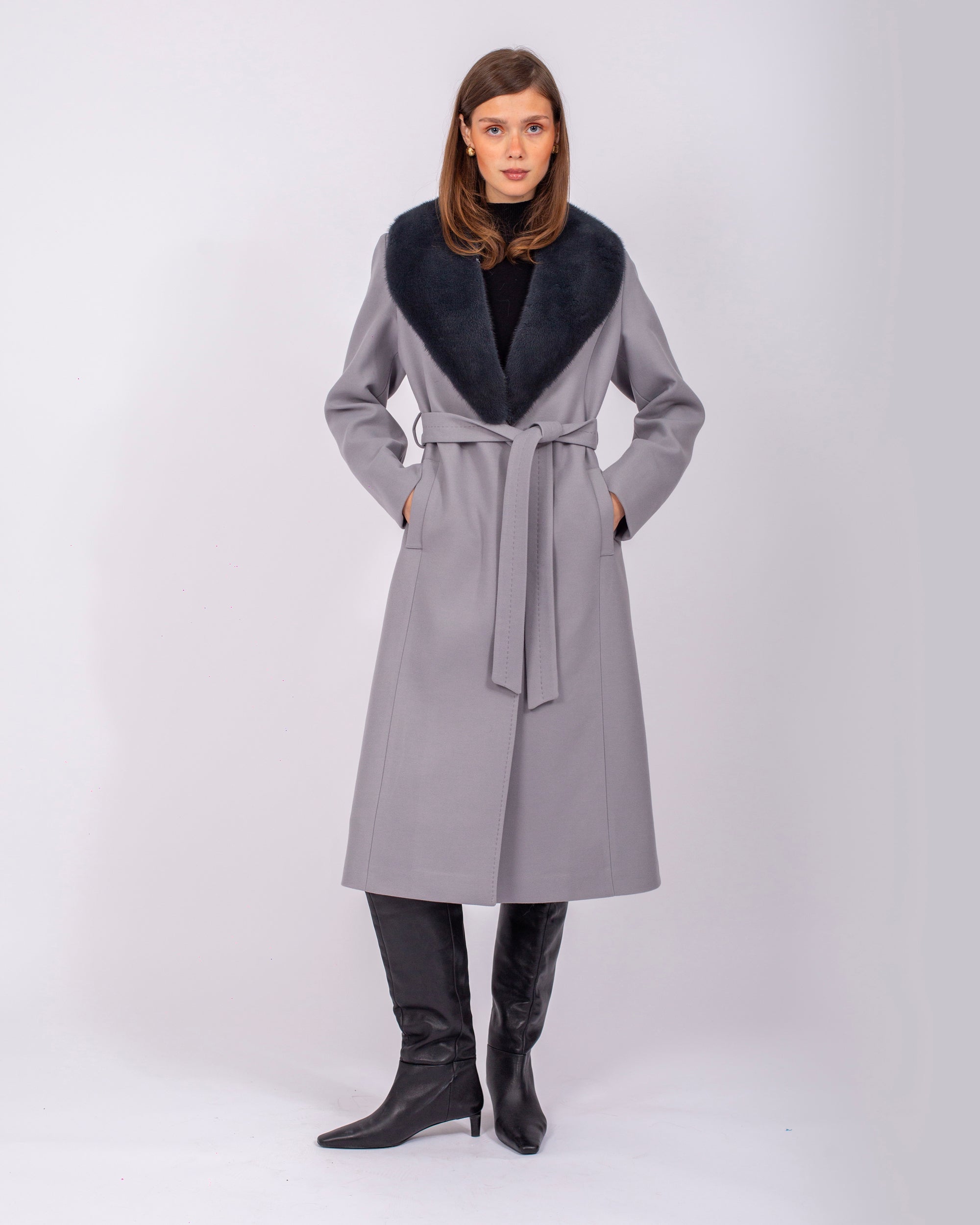 Belted Cashmere Coat with Mink Fur Collar