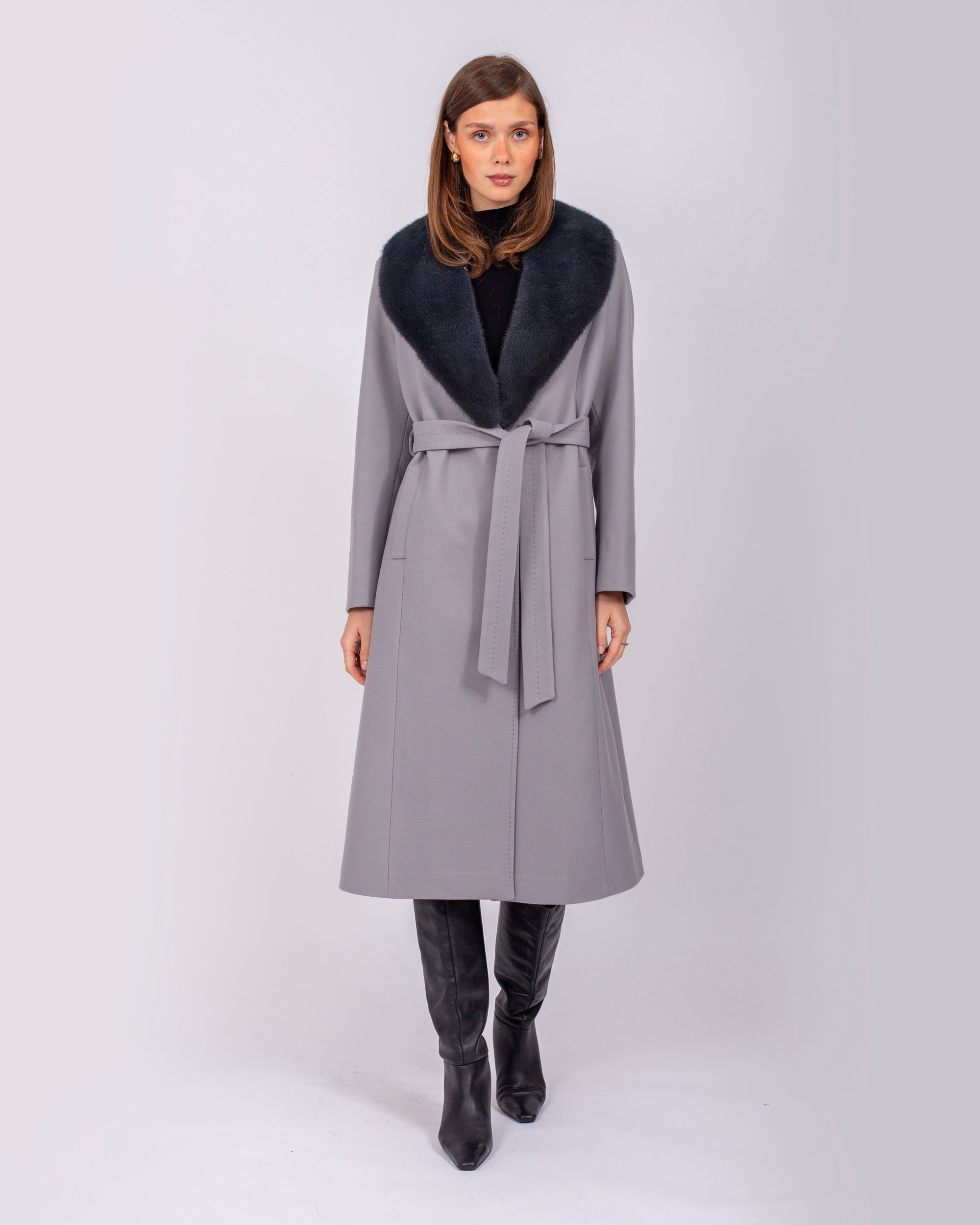 Belted Cashmere Coat with Mink Fur Collar