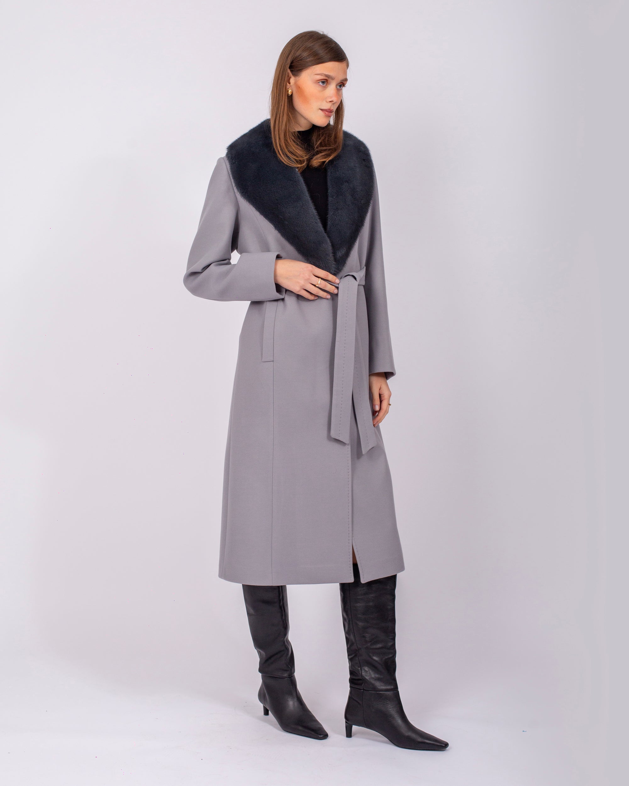 Belted Cashmere Coat with Mink Fur Collar