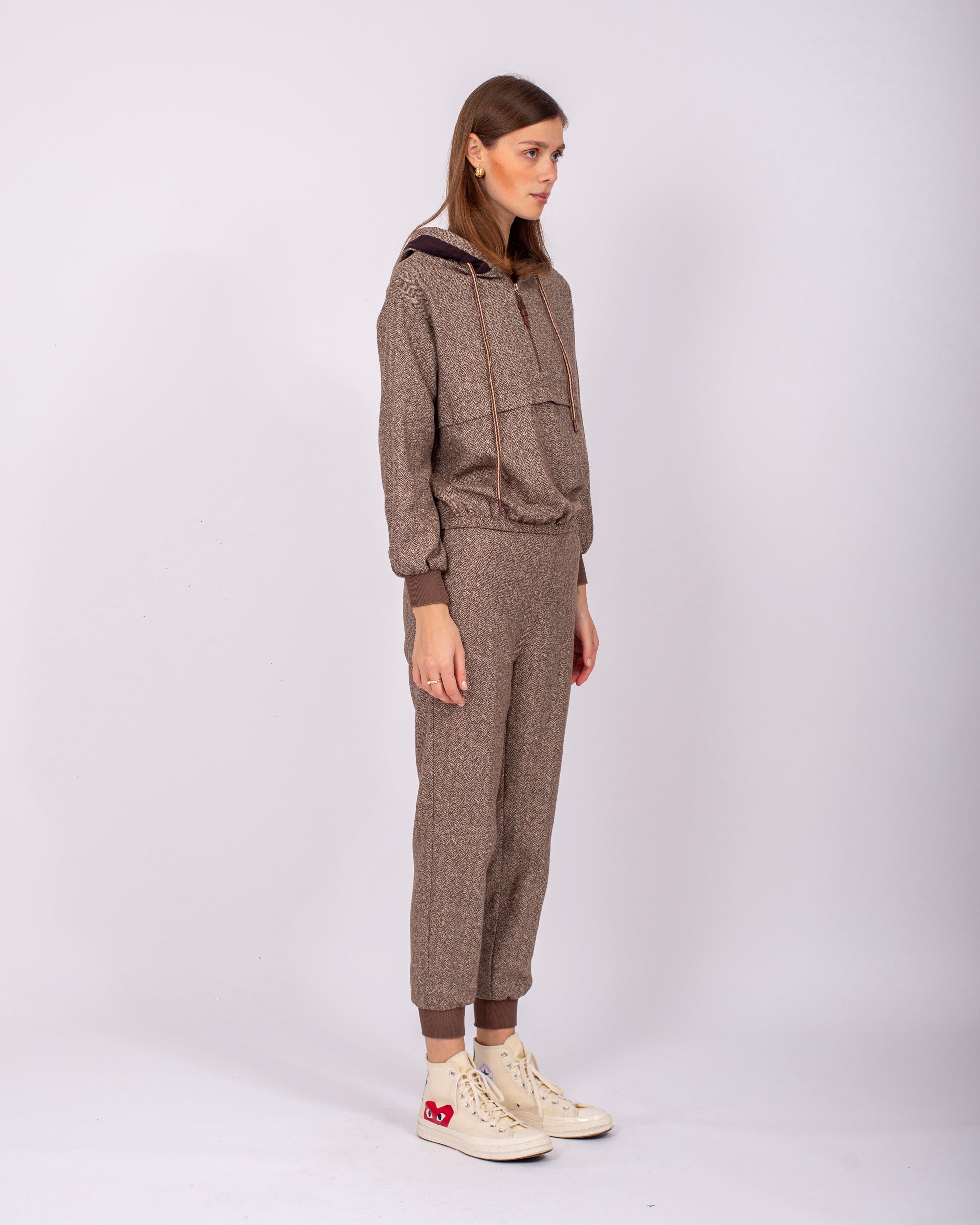 Hooded Tracksuit Set with Half Zipper on the Front, Elastic Skirt and Sleeves