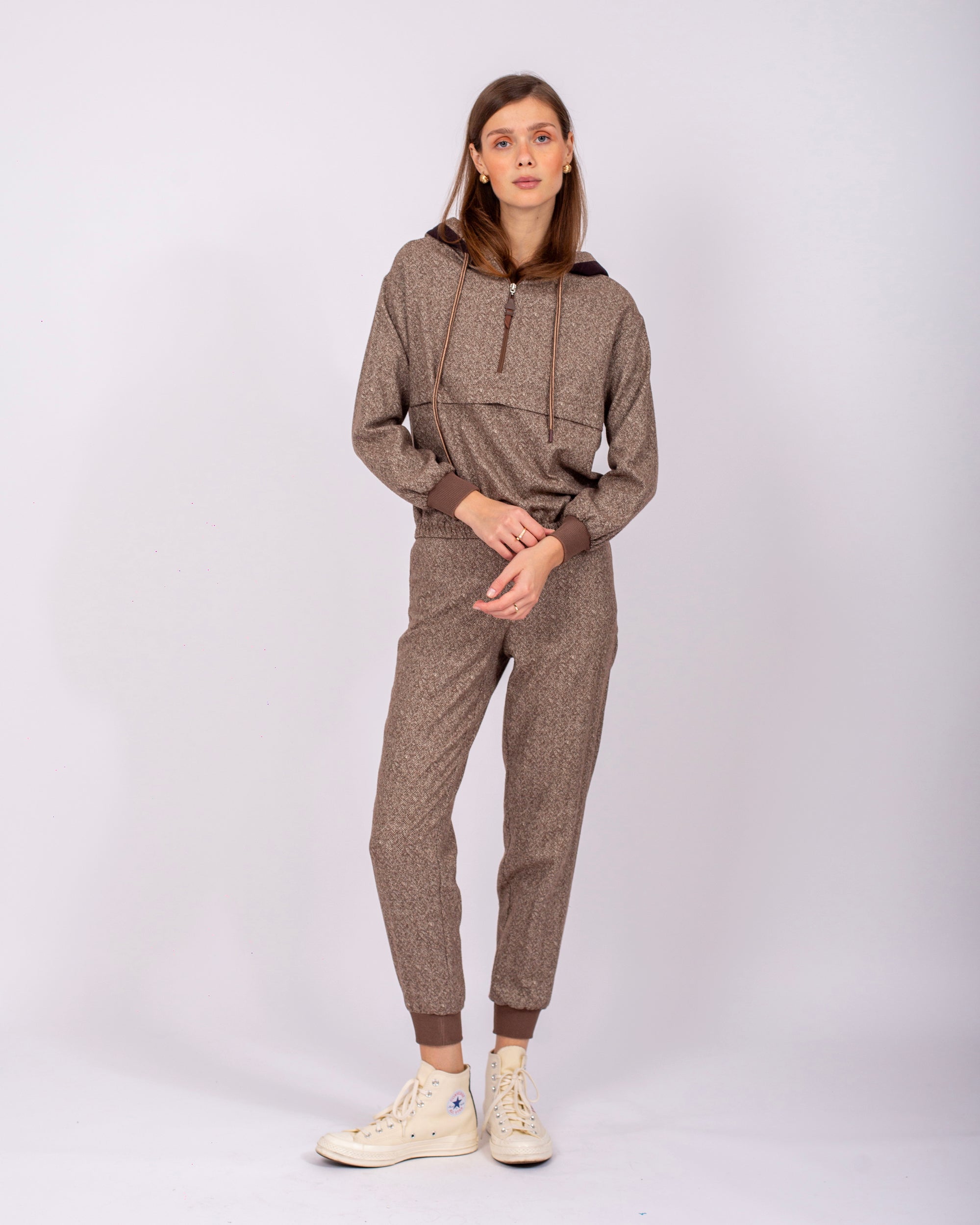 Hooded Tracksuit Set with Half Zipper on the Front, Elastic Skirt and Sleeves