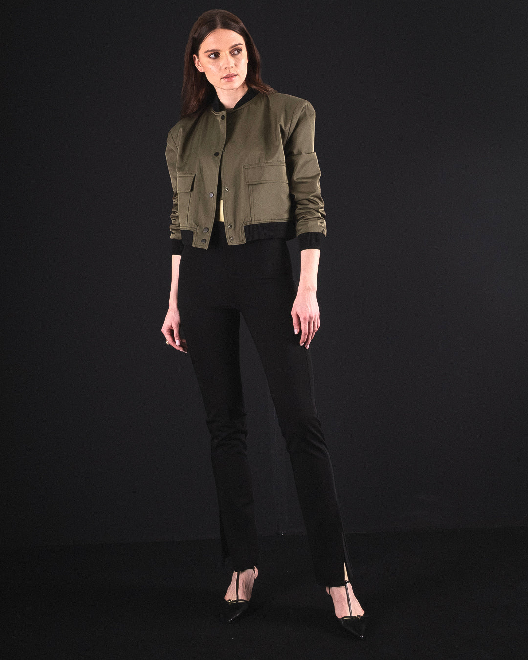 Jacket with Ribbed Sleeves, Collar and Waist and Snaps on the Front