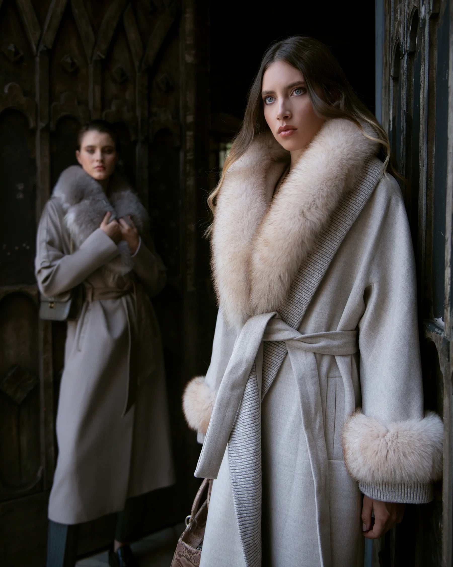 Cashmere Long Coat with Fur Collar and Sleeves and Belt